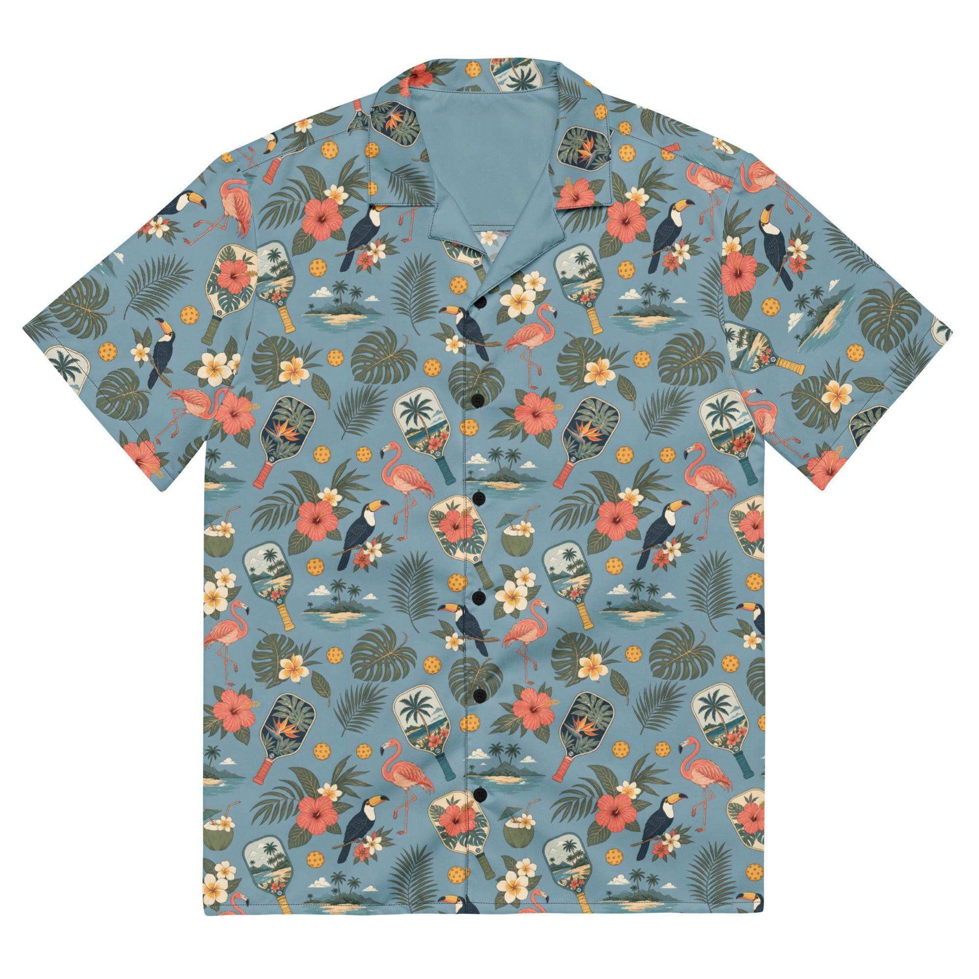 Dusty-blue Pickleball Hawaiian shirt with vintage paddles, flamingos, toucans, and tropical print, unisex UPF 50+ breathable button-up