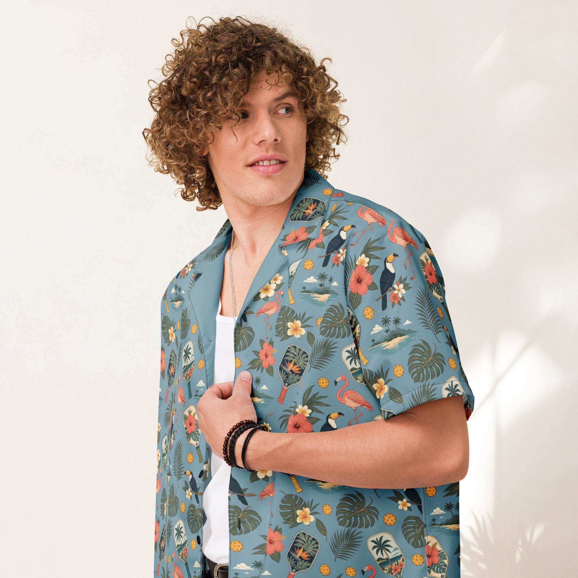Pickleball Hawaiian shirt with tropical vintage paddles, flamingos, toucans, UPF 50+ sun protection, unisex oversized button-up