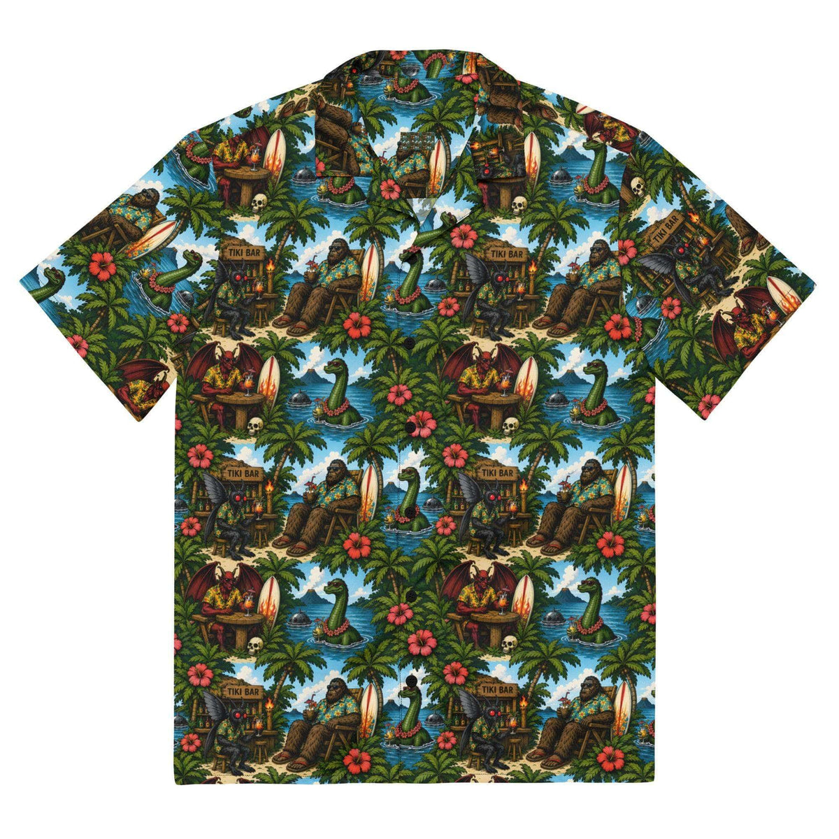 Bigfoot Hawaiian shirt with tropical Sasquatch tiki print in vintage island colors, unisex UPF 50+ button-up