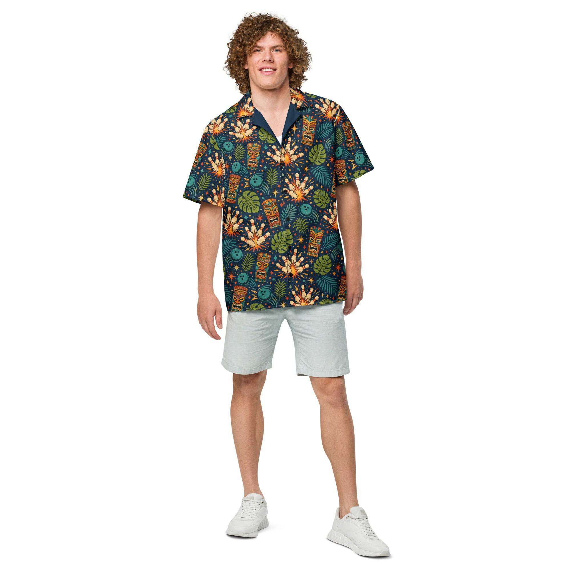 Navy tropical bowling Hawaiian shirt with tiki masks, bowling pins, and jungle leaves print, camp collar, and button-down front