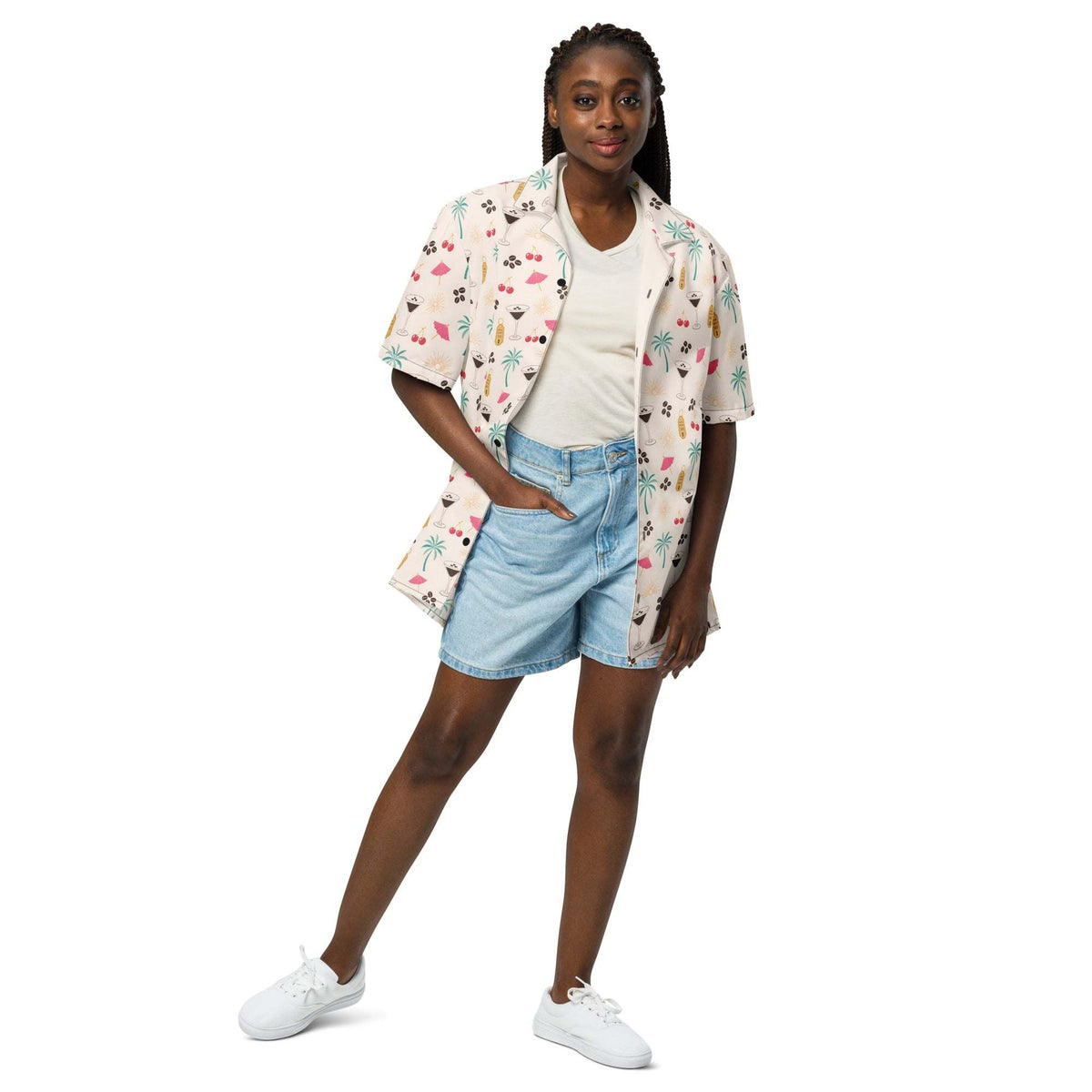 Unisex espresso martini Hawaiian shirt with cocktail and coffee bean print on cream background