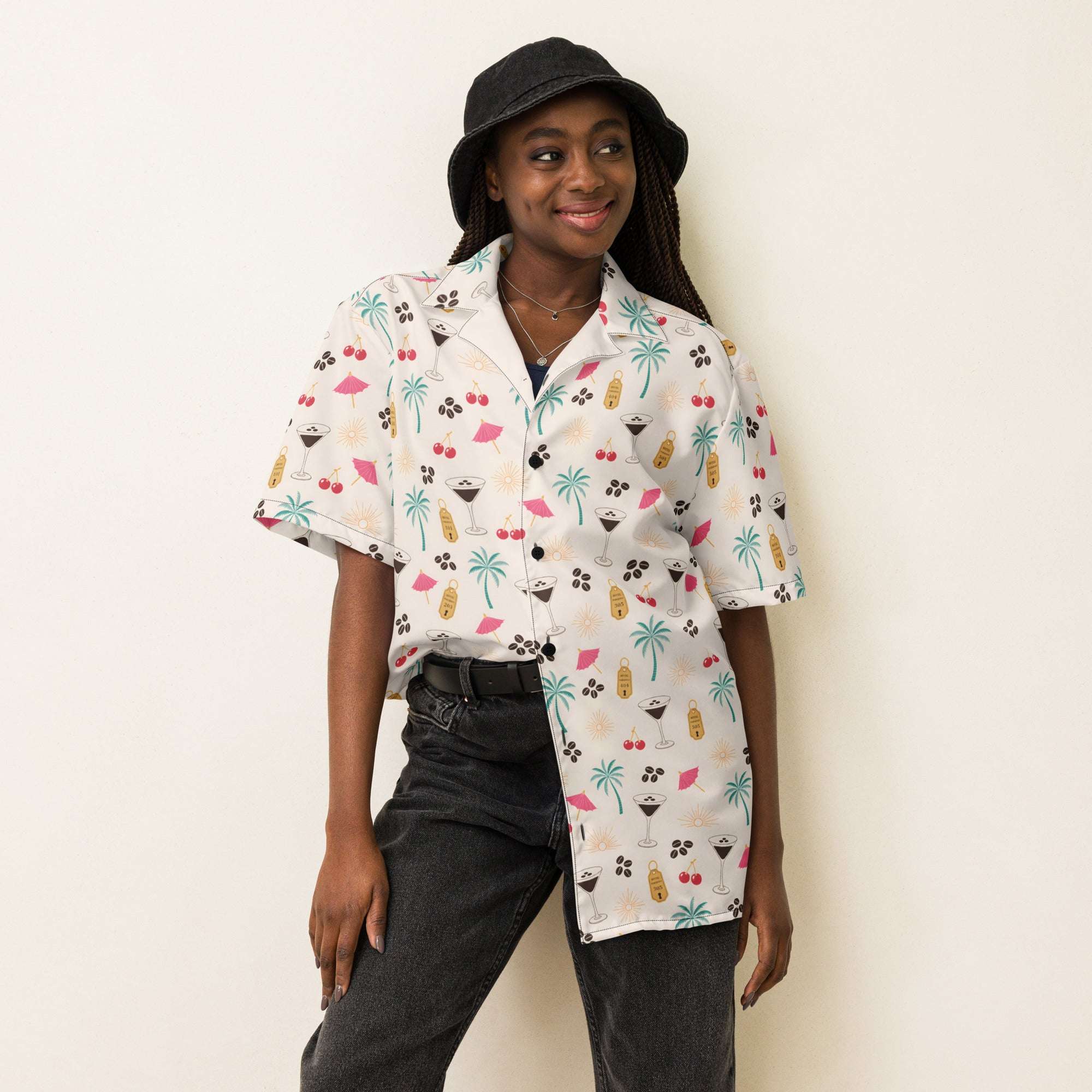 Unisex espresso martini Hawaiian shirt with cocktail, coffee bean, and palm tree print on cream background