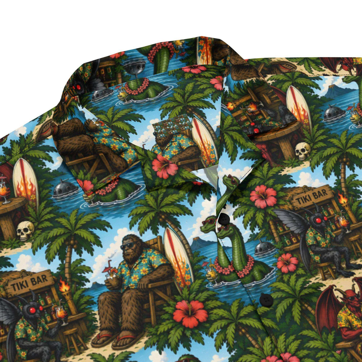 Bigfoot Hawaiian shirt with tropical sasquatch tiki print and UPF 50+ sun protection