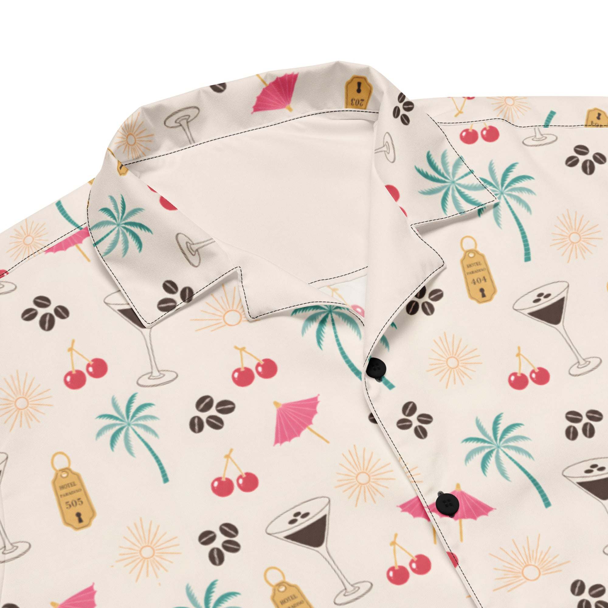 Unisex espresso martini Hawaiian shirt with coffee beans, cocktail glasses, cherries, and palm tree print on cream background