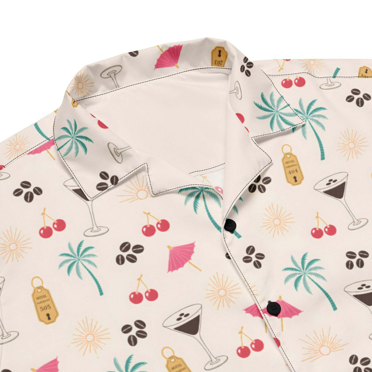 Unisex espresso martini Hawaiian shirt with coffee beans, cocktail glasses, cherries, and palm tree print on cream background