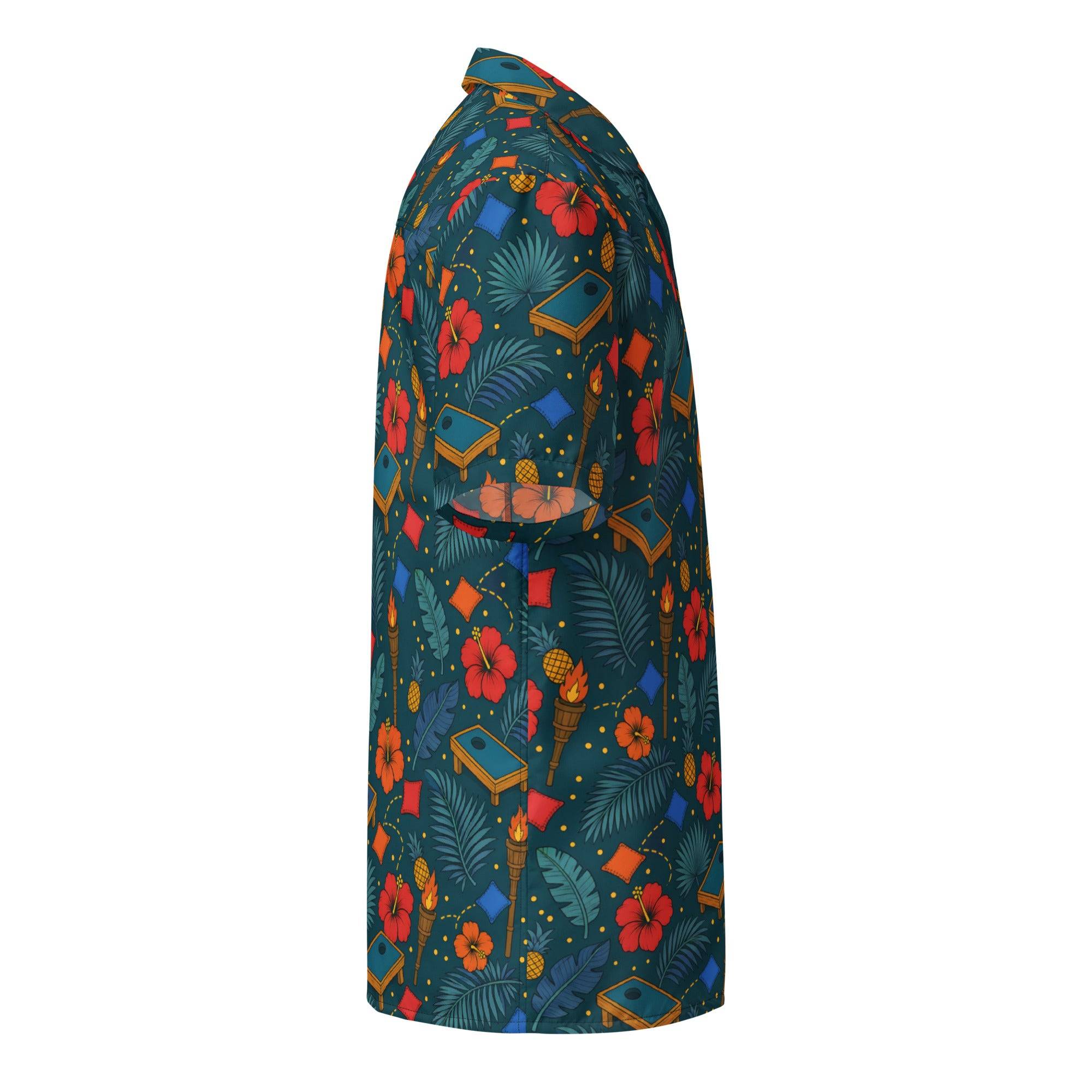 Unisex tropical cornhole Hawaiian shirt with boards, bean bags, tiki torches, pineapples, hibiscus on teal background, UPF 50+ summer wear