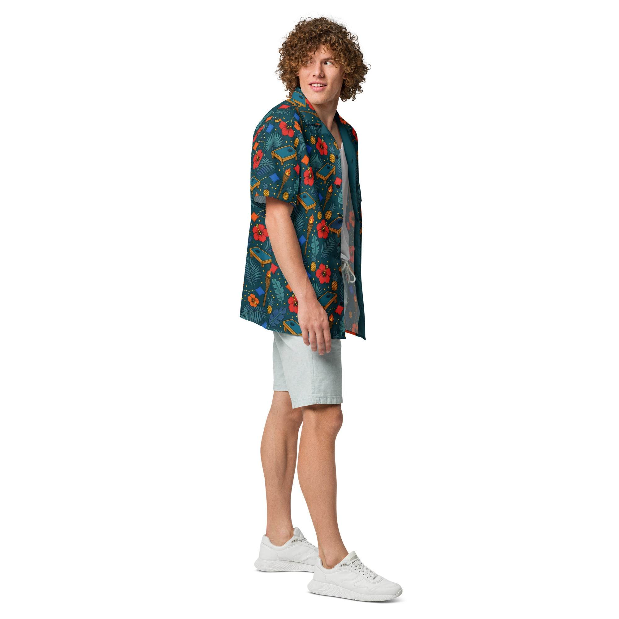 Tropical cornhole Hawaiian shirt with boards, bean bags, tiki torches, and pineapples on teal background, unisex UPF 50+ button-up