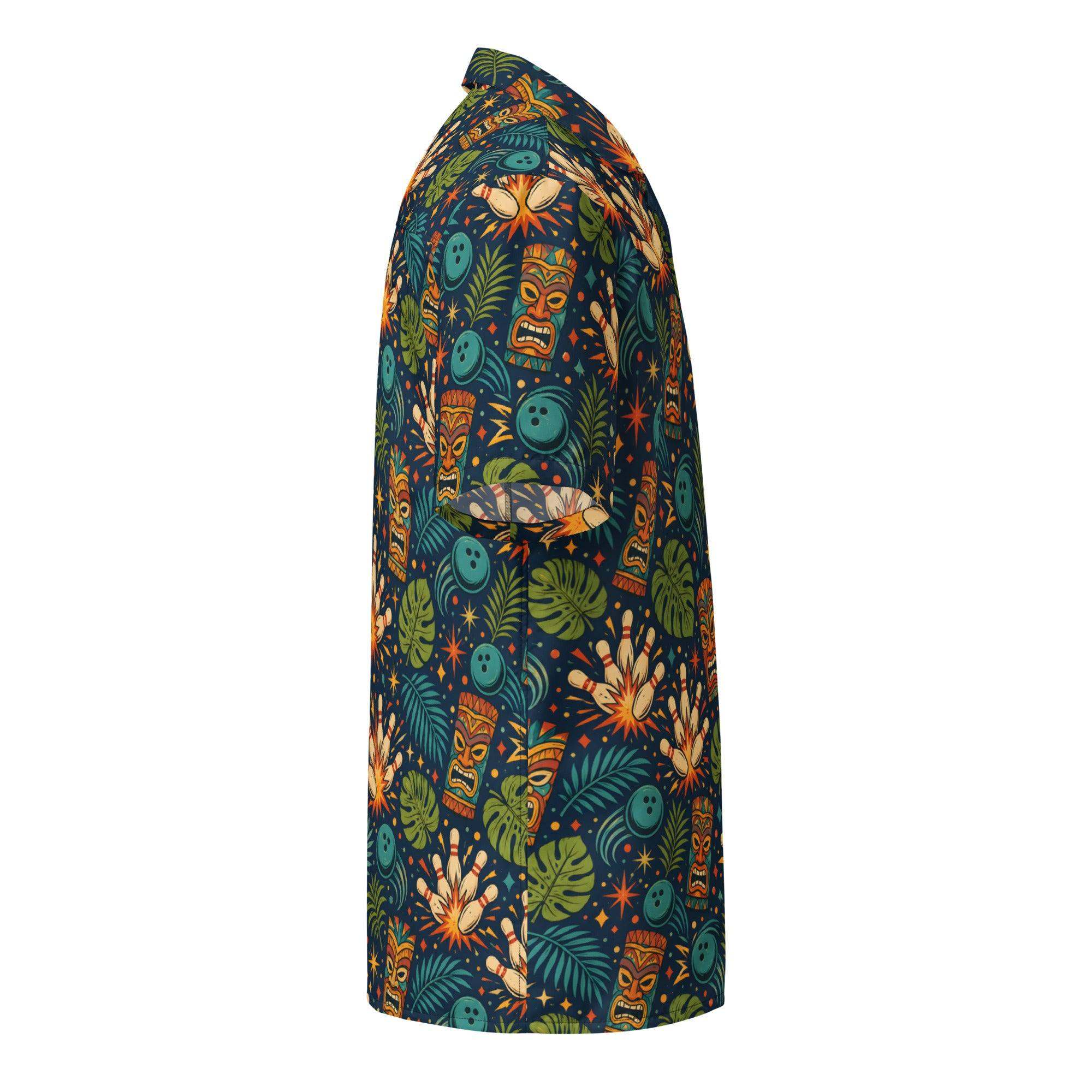 Navy Tropical Bowling Hawaiian Shirt with tiki masks, bowling pins, and tropical leaves in a relaxed camp collar style
