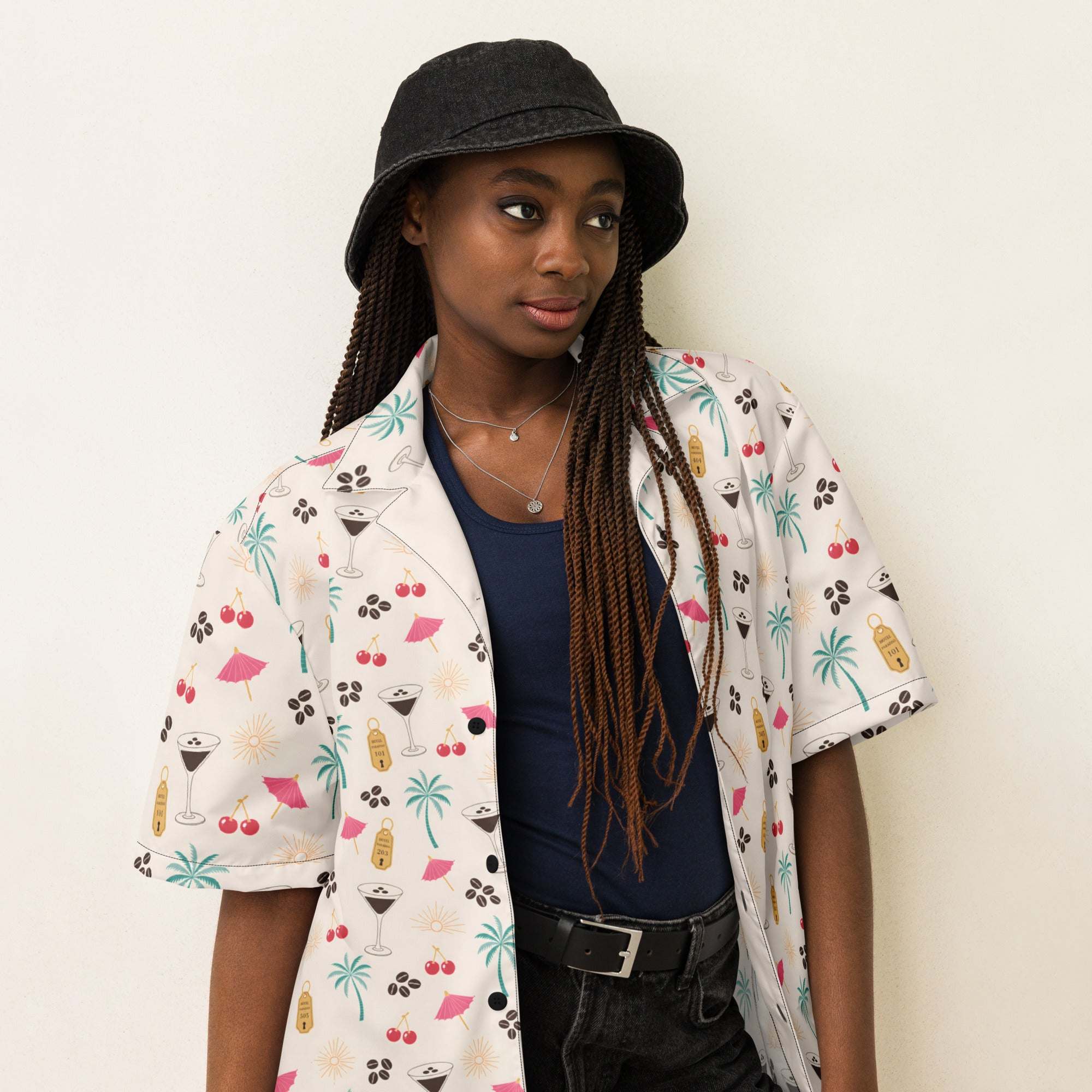 Unisex Espresso Martini Hawaiian shirt with coffee beans, cocktails, cherries, and palm tree print on cream fabric