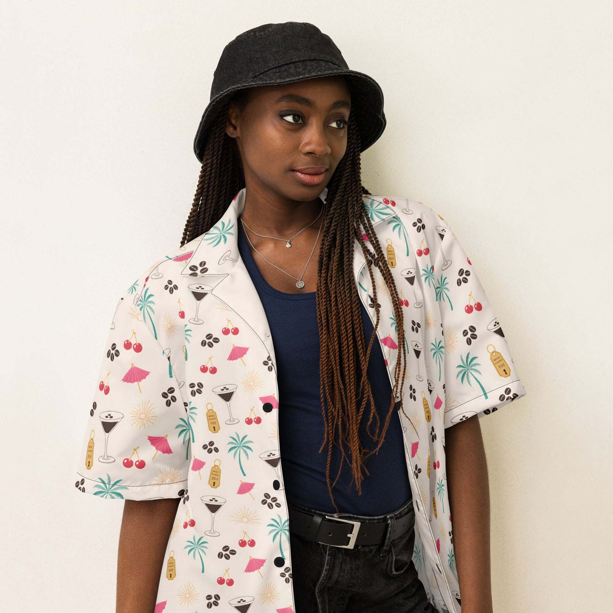 Unisex Espresso Martini Hawaiian shirt with coffee beans, cocktails, cherries, and palm tree print on cream fabric