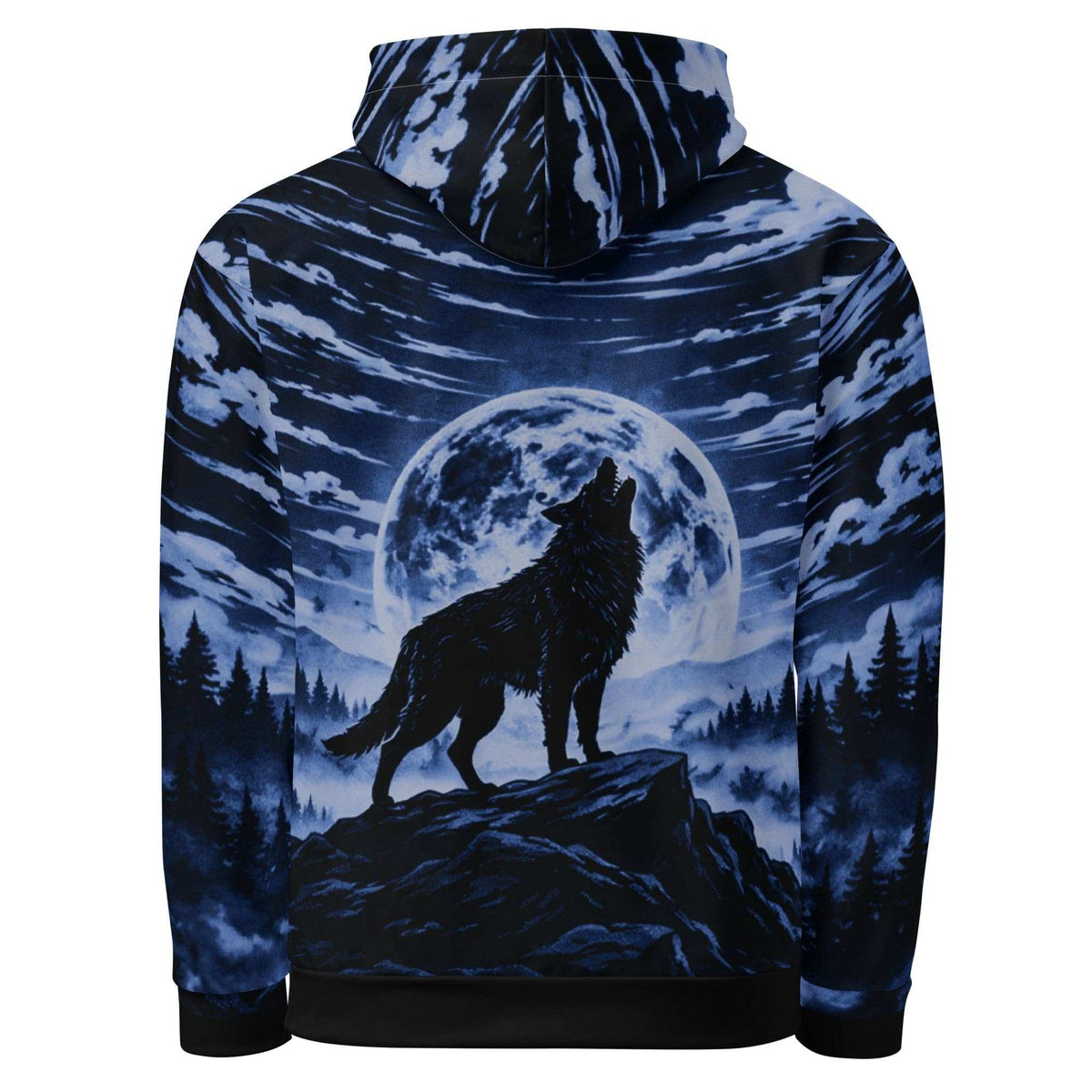 Hoodie with an all-over blue wolf and night forest print, back view