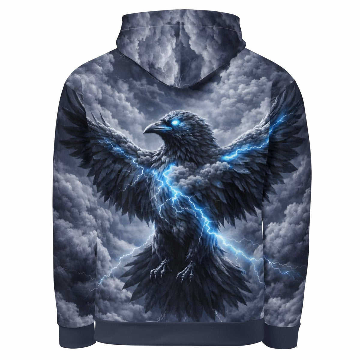 Hoodie with an all-over raven and blue lightning print, back view