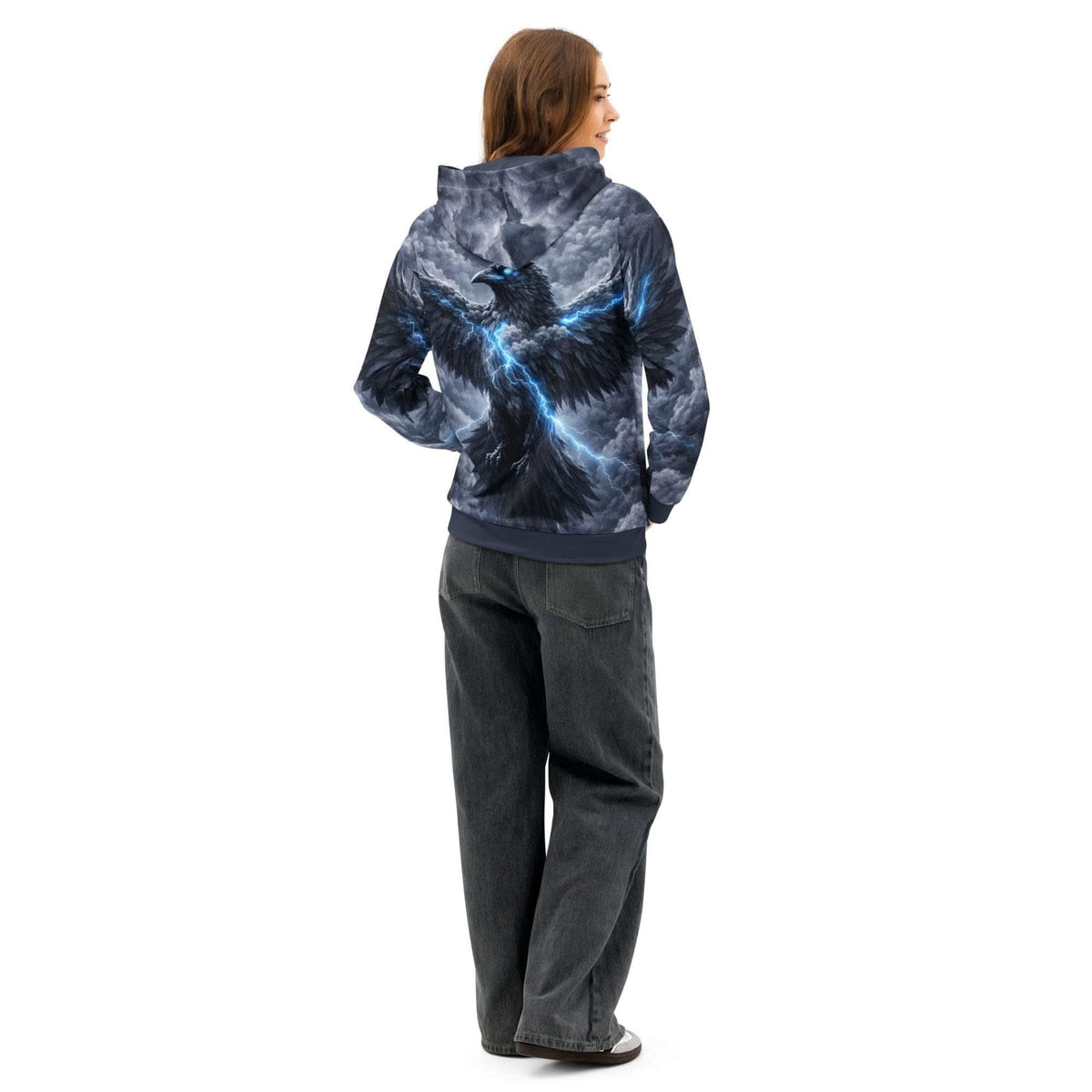 Hoodie with an all-over raven and blue lightning print, back view