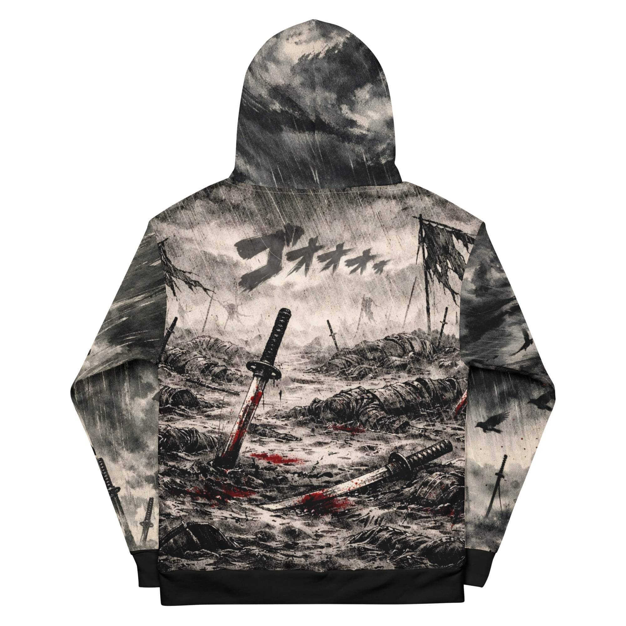 Seinen Samurai Hoodie with ink wash samurai artwork and blood-red accents on dark fabric.