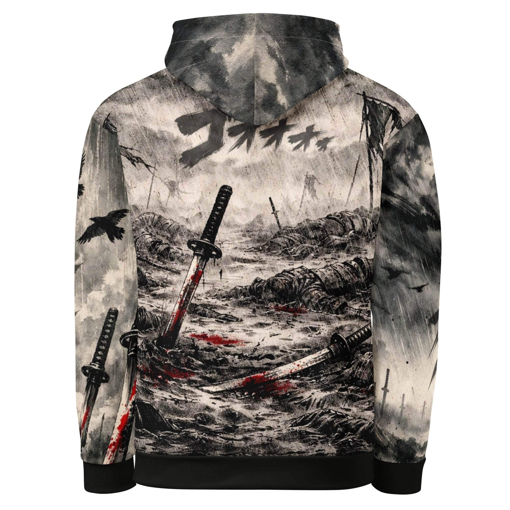 Dark Seinen Samurai Hoodie with ink wash samurai artwork and subtle red accents in anime streetwear style