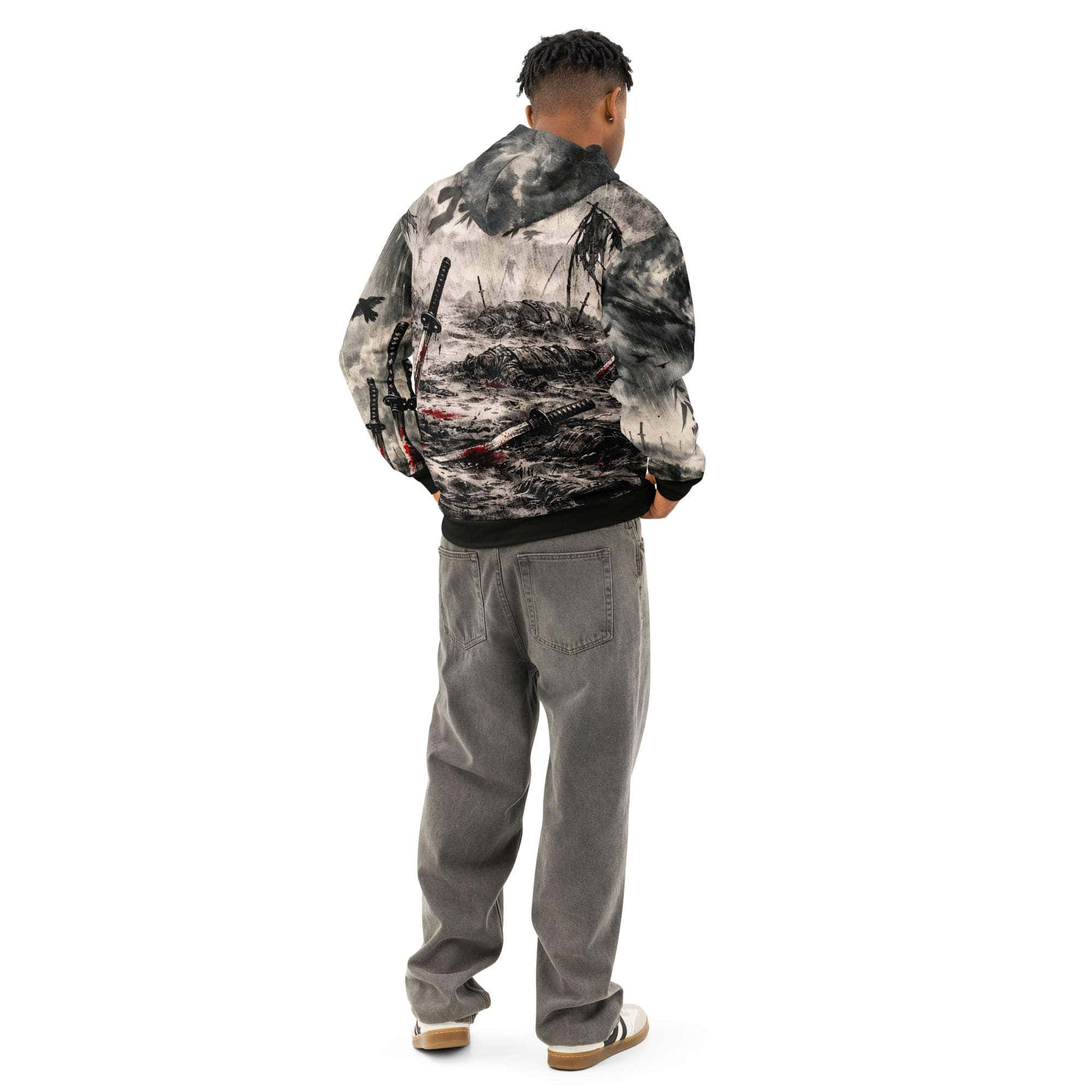Dark seinen samurai hoodie with ink wash anime swordsman and blood-red accents on rain-soaked battlefield