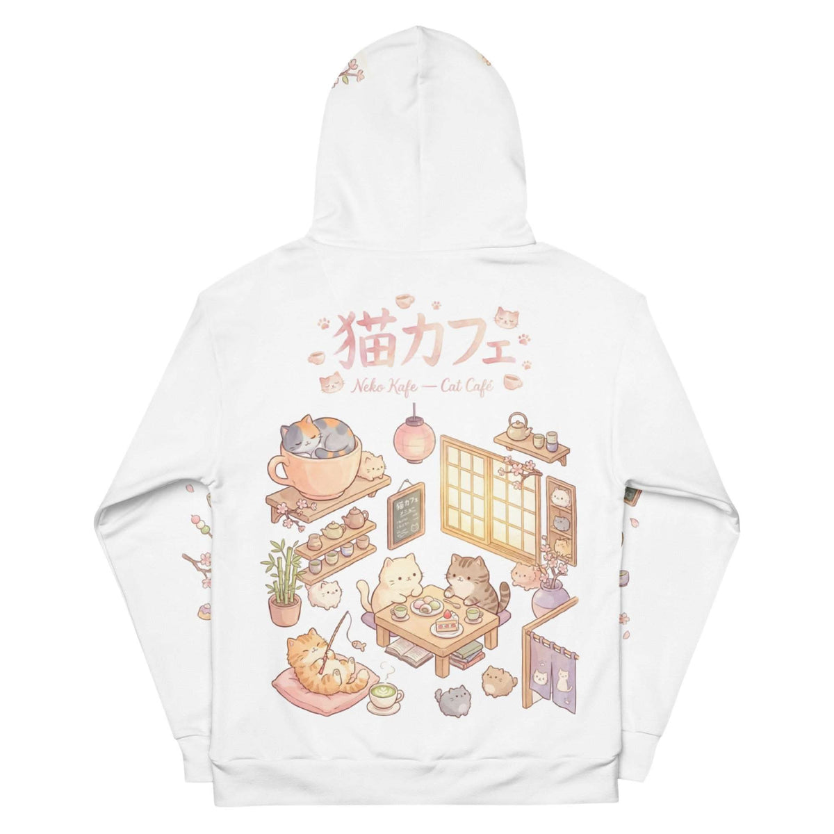 Unisex cotton Anime Cat AOP Hoodie with all-over kawaii anime cat café print in pastel colors