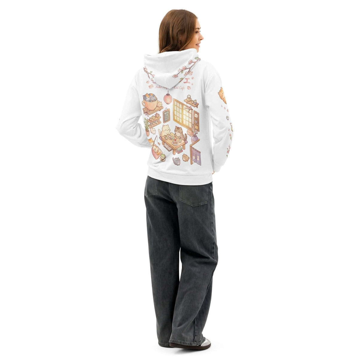 Cat Cafe Hoodie All Over Print, Anime Cat AOP Hoodie Unisex cotton hoodie, back view