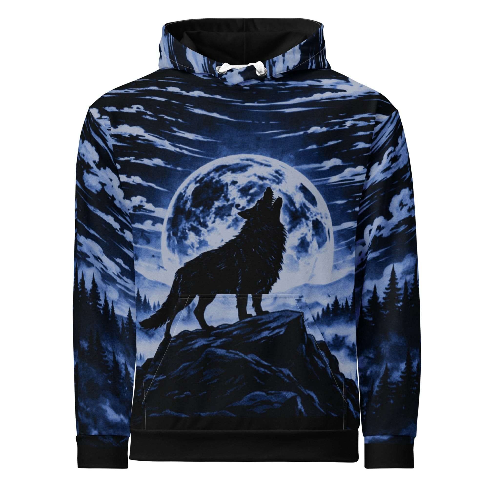 Blue Wolf all-over print unisex cotton hoodie with relaxed fit and double-layer hood