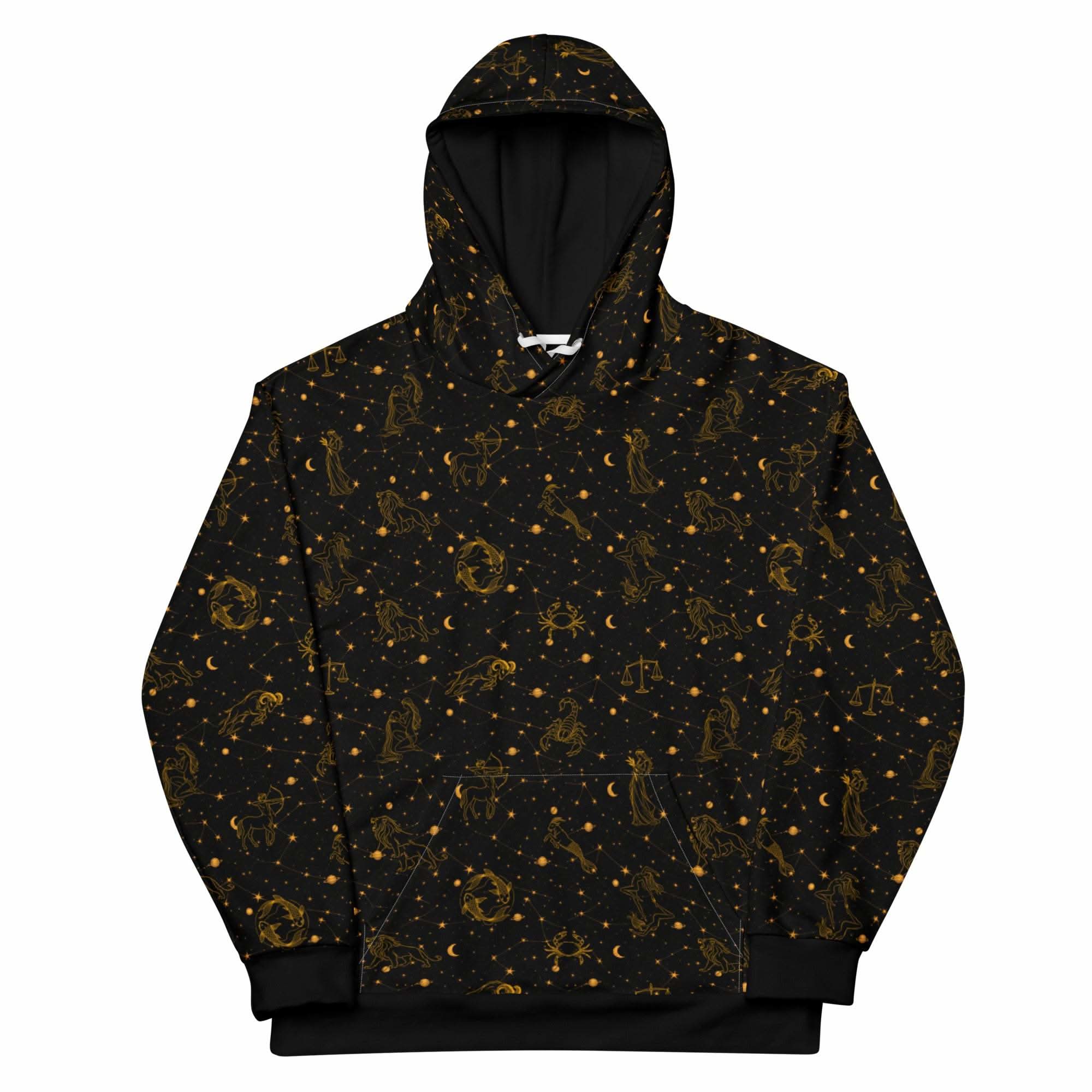 Unisex blue cotton hoodie with zodiac constellation celestial design and kangaroo pocket