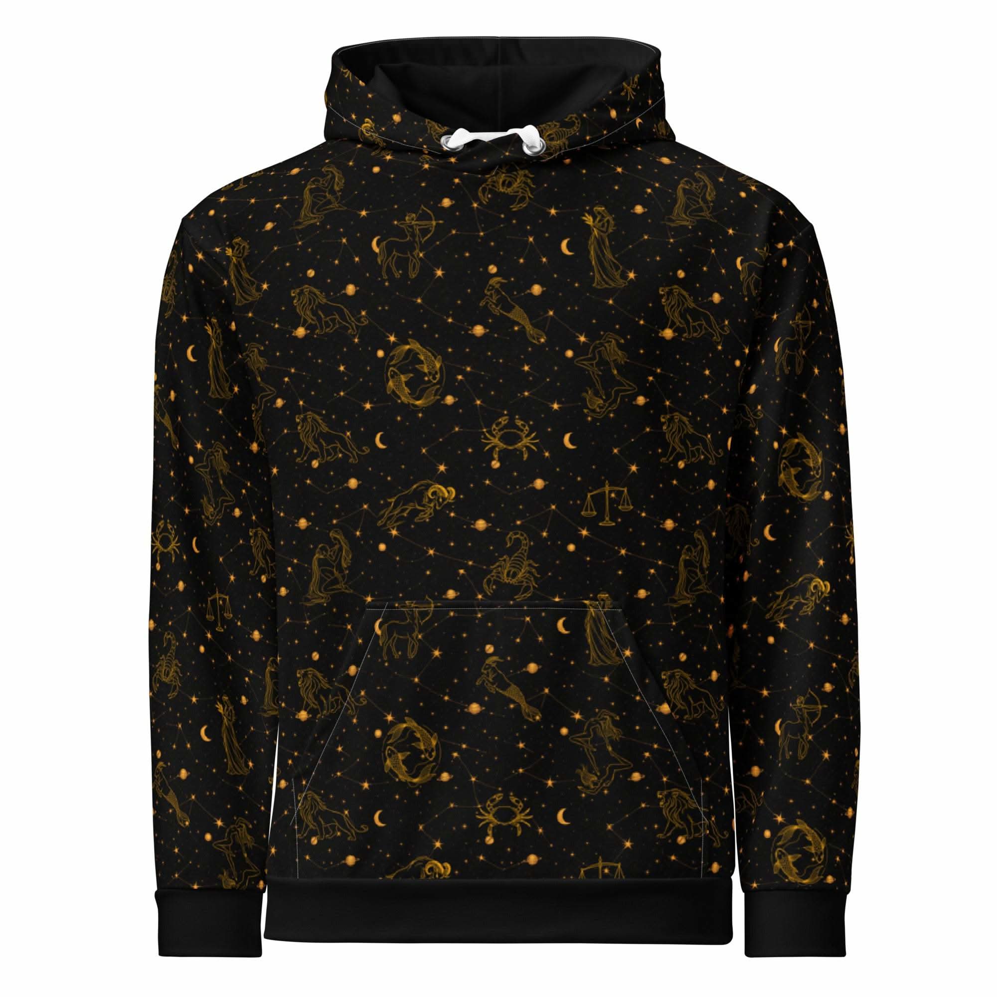 Unisex blue zodiac constellation hoodie with celestial print and cozy cotton fabric