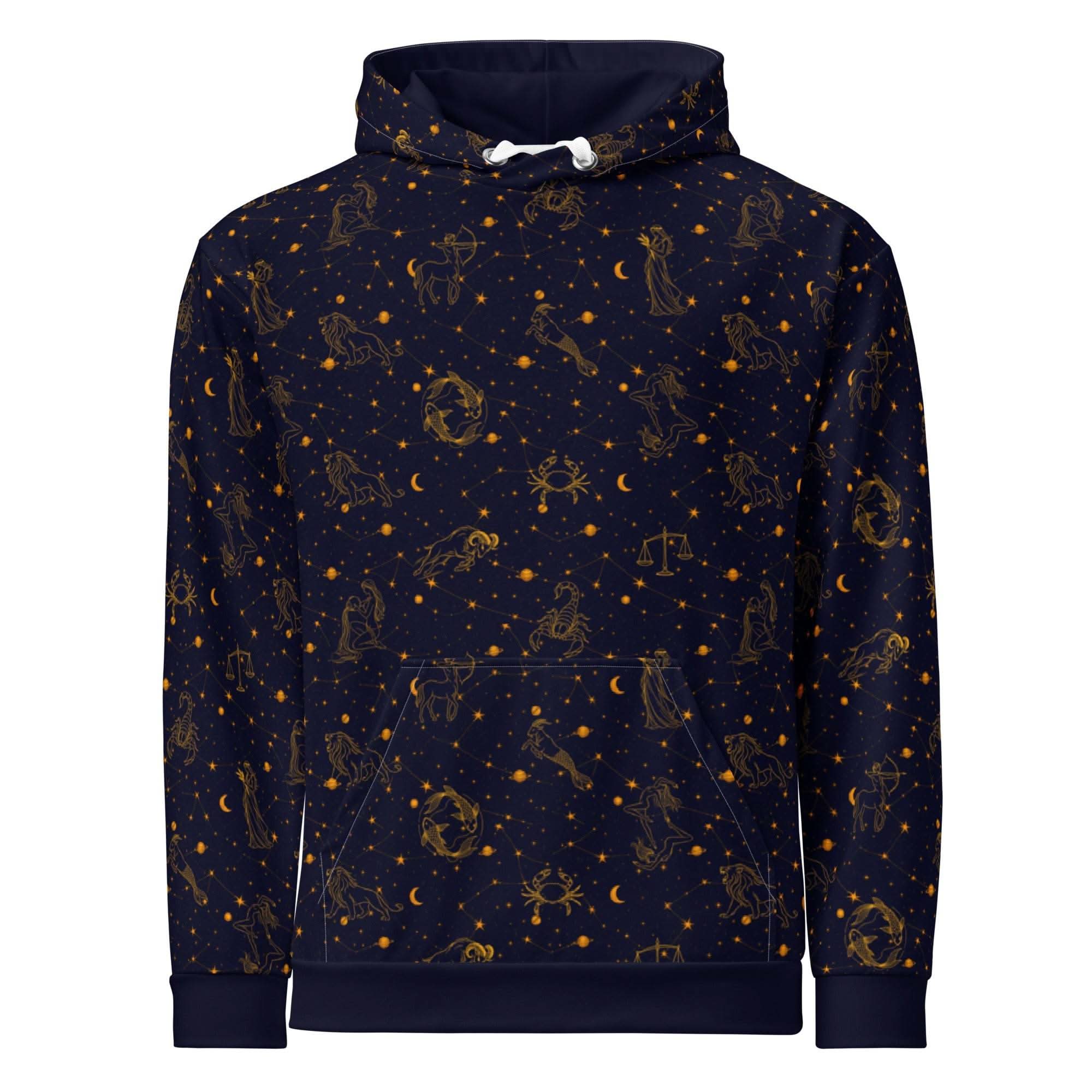 Unisex Blue Zodiac Constellation hoodie with celestial print on soft cotton fabric
