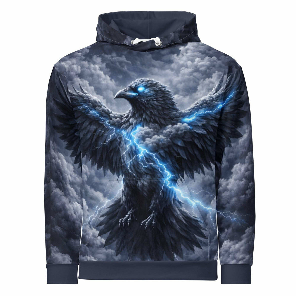Hoodie with an all-over raven and blue lightning print, front view