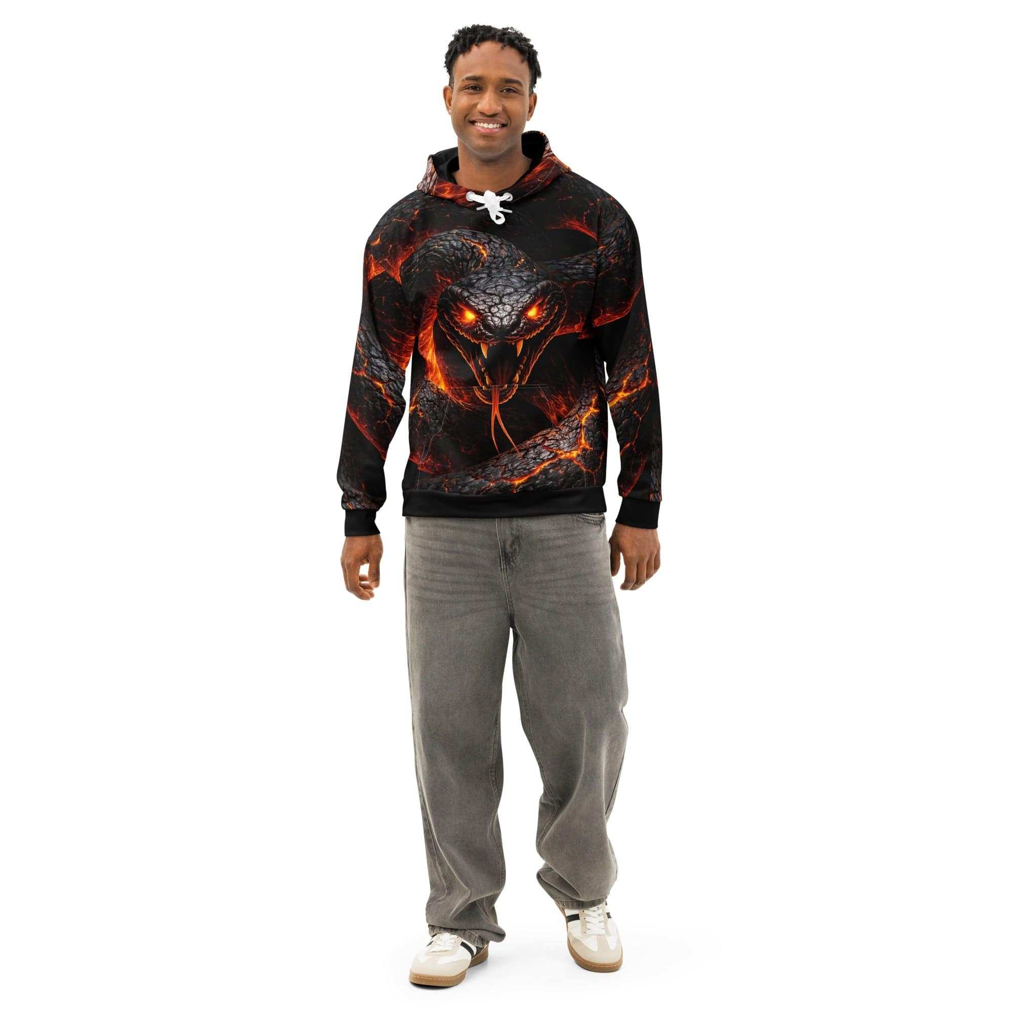 Lava Dragon Hoodie featuring volcanic serpent design with lava and fire textures on soft cotton fabric
