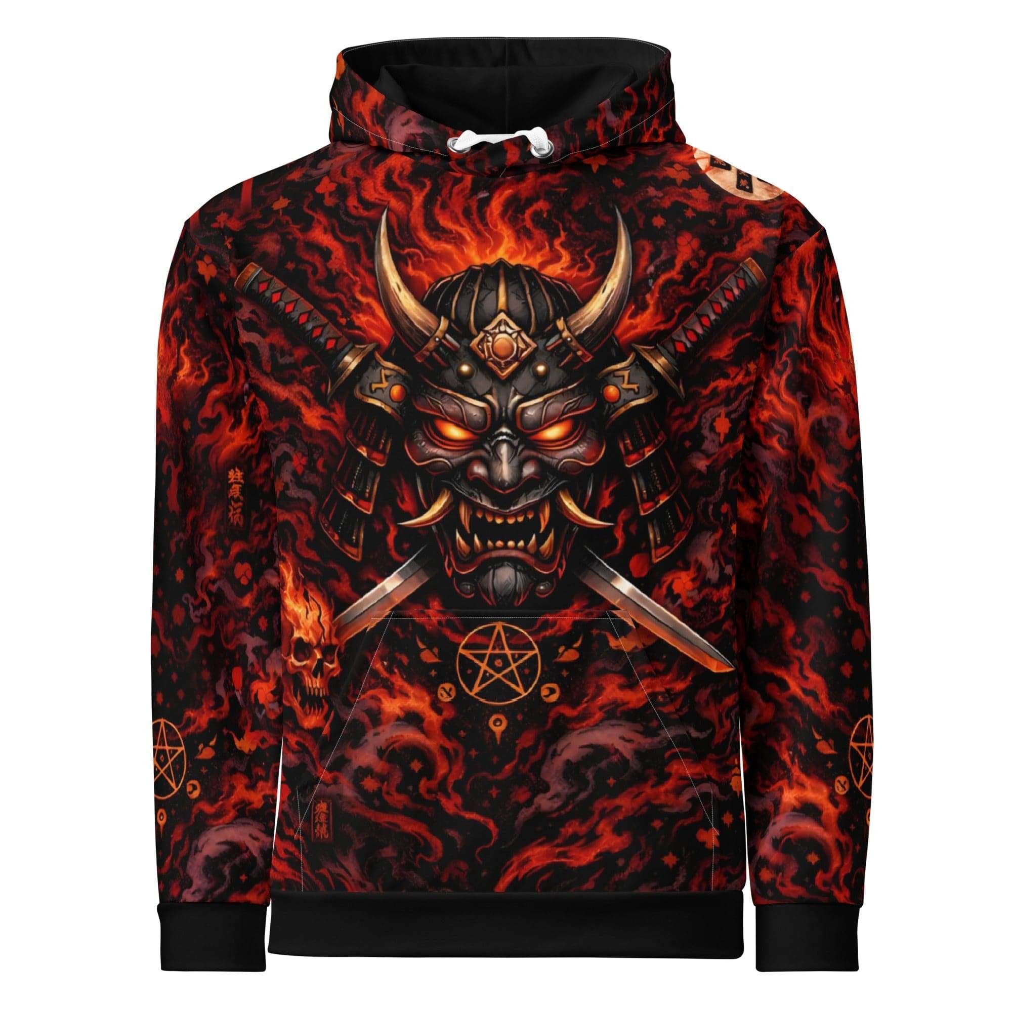 Samurai Oni Mask cotton hoodie with all-over demon and samurai print in crimson and black