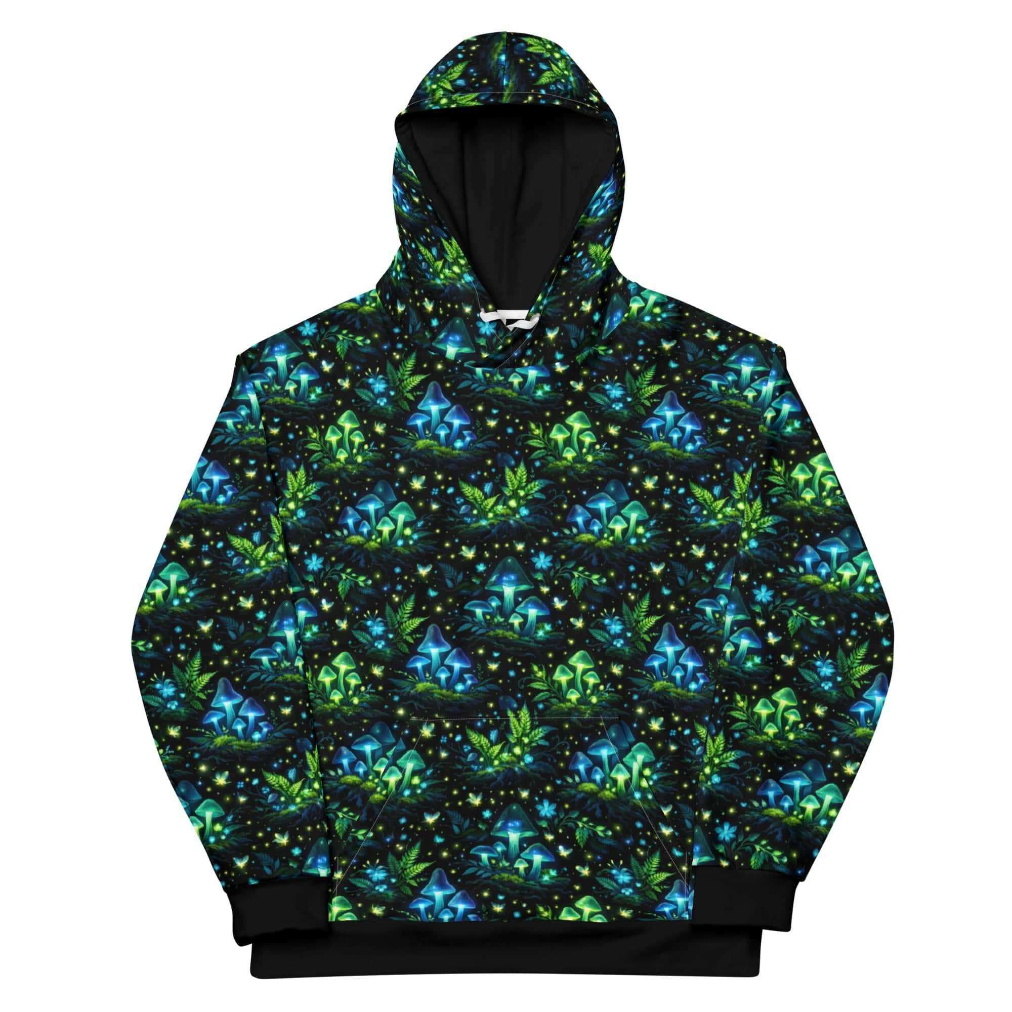 Bioluminescent Forest Hoodie with glowing mushrooms and fireflies all-over print on black cotton fabric