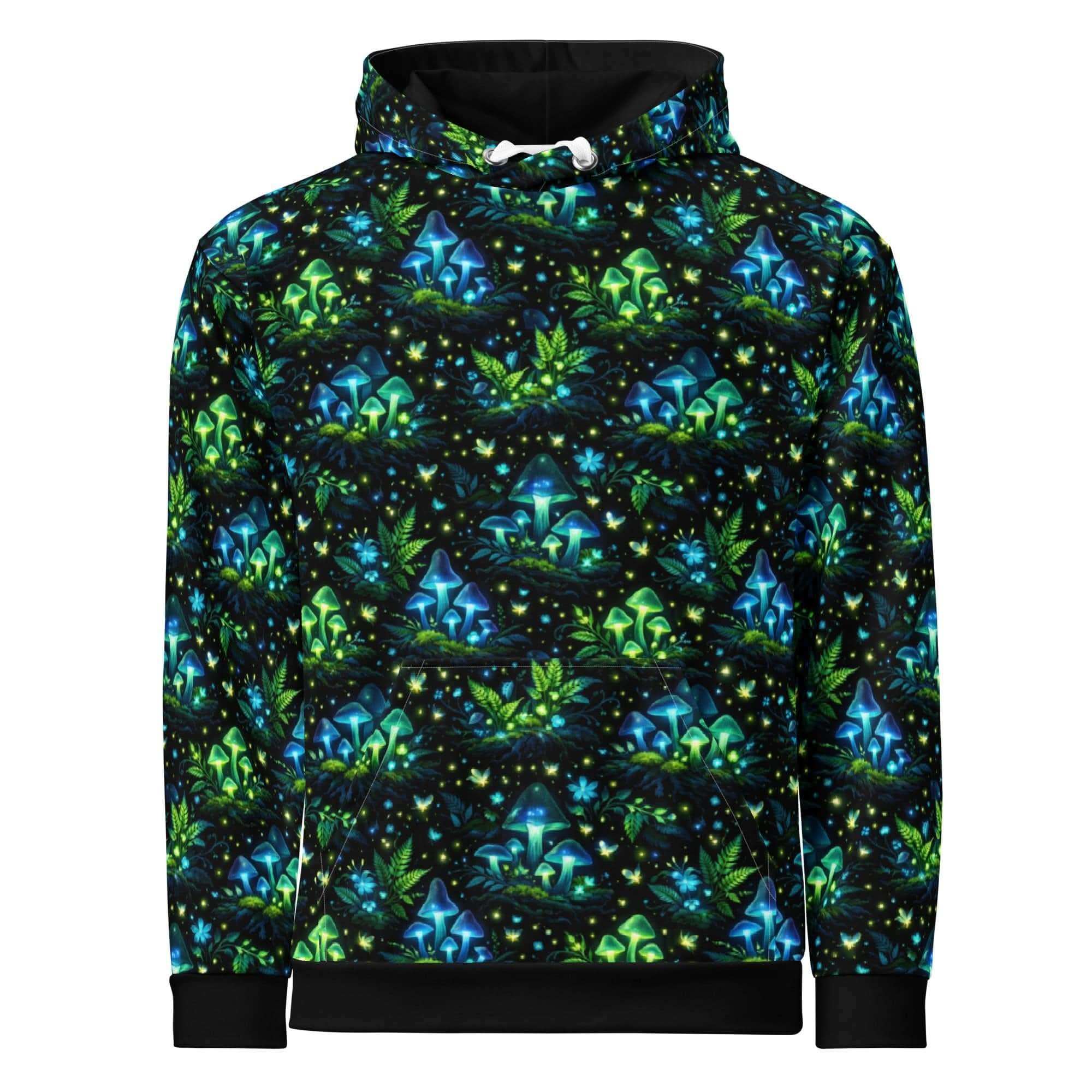 Bioluminescent Forest Hoodie with glowing mushrooms and fireflies all-over print on black cotton fabric