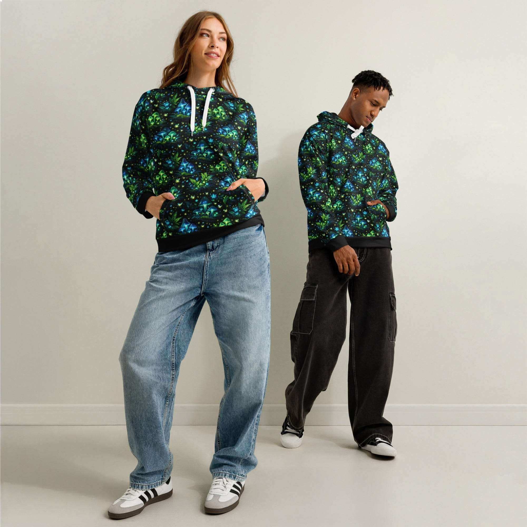 Bioluminescent Forest Hoodie with glowing mushrooms and fireflies all-over print on black cotton fabric