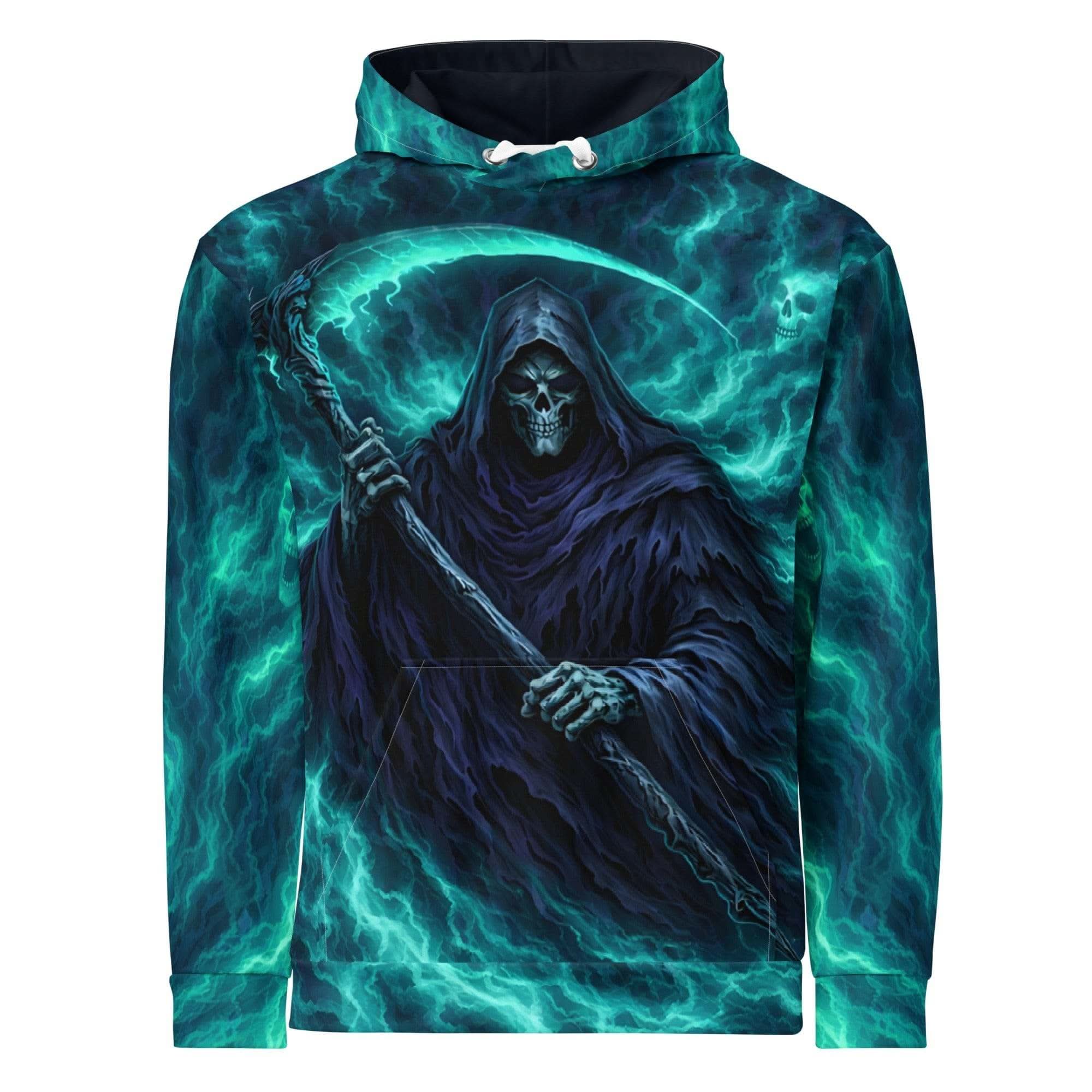 Spectral Grim Reaper Hoodie with hooded skeletal figure and ethereal robes in dark gothic colors