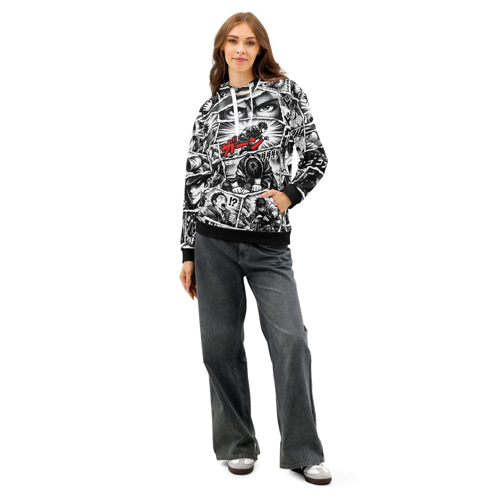 Manga Panel Hoodie with black-and-white anime comic collage and Japanese sound effects in streetwear style