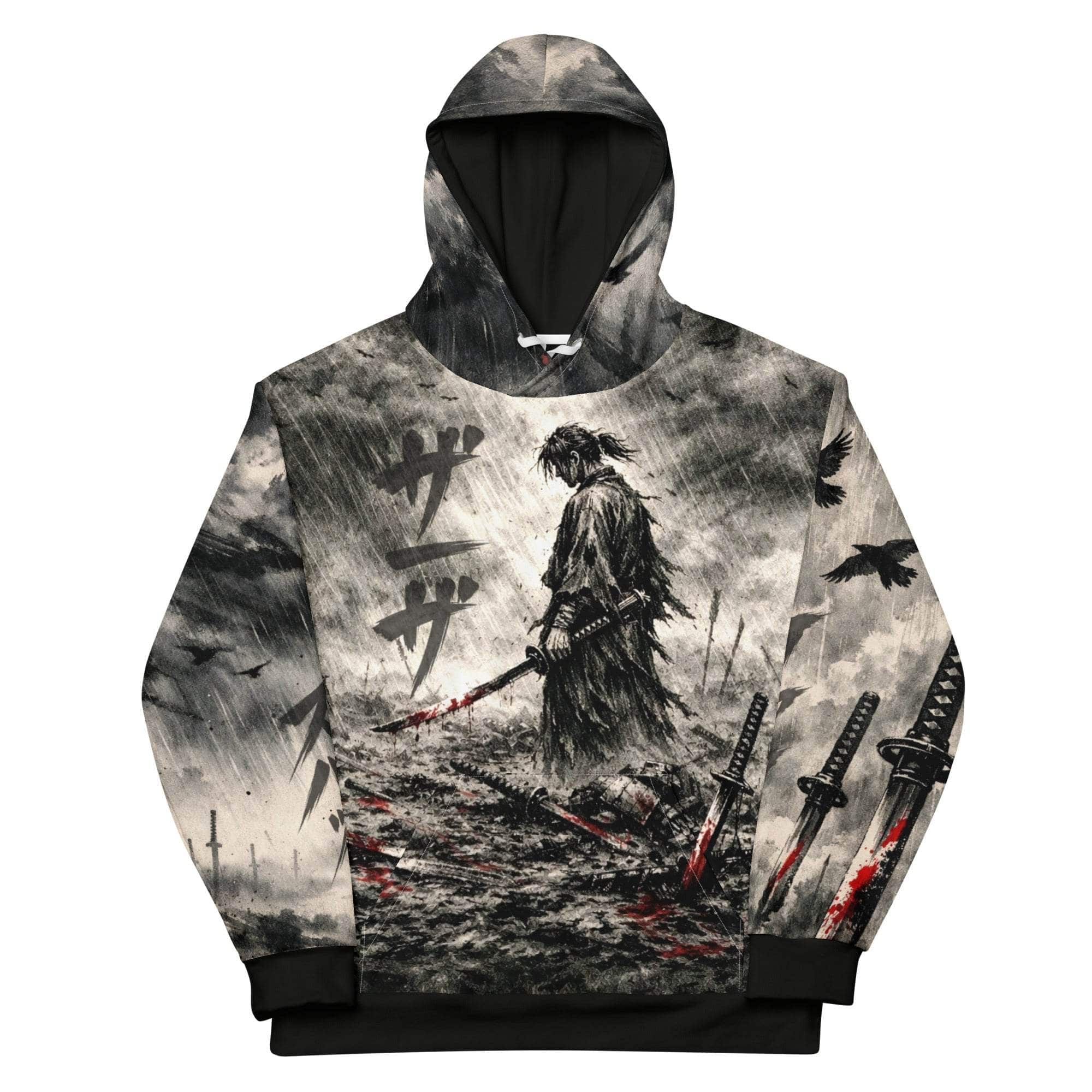 Seinen Samurai Hoodie featuring ink wash anime swordsman design with dark streetwear style