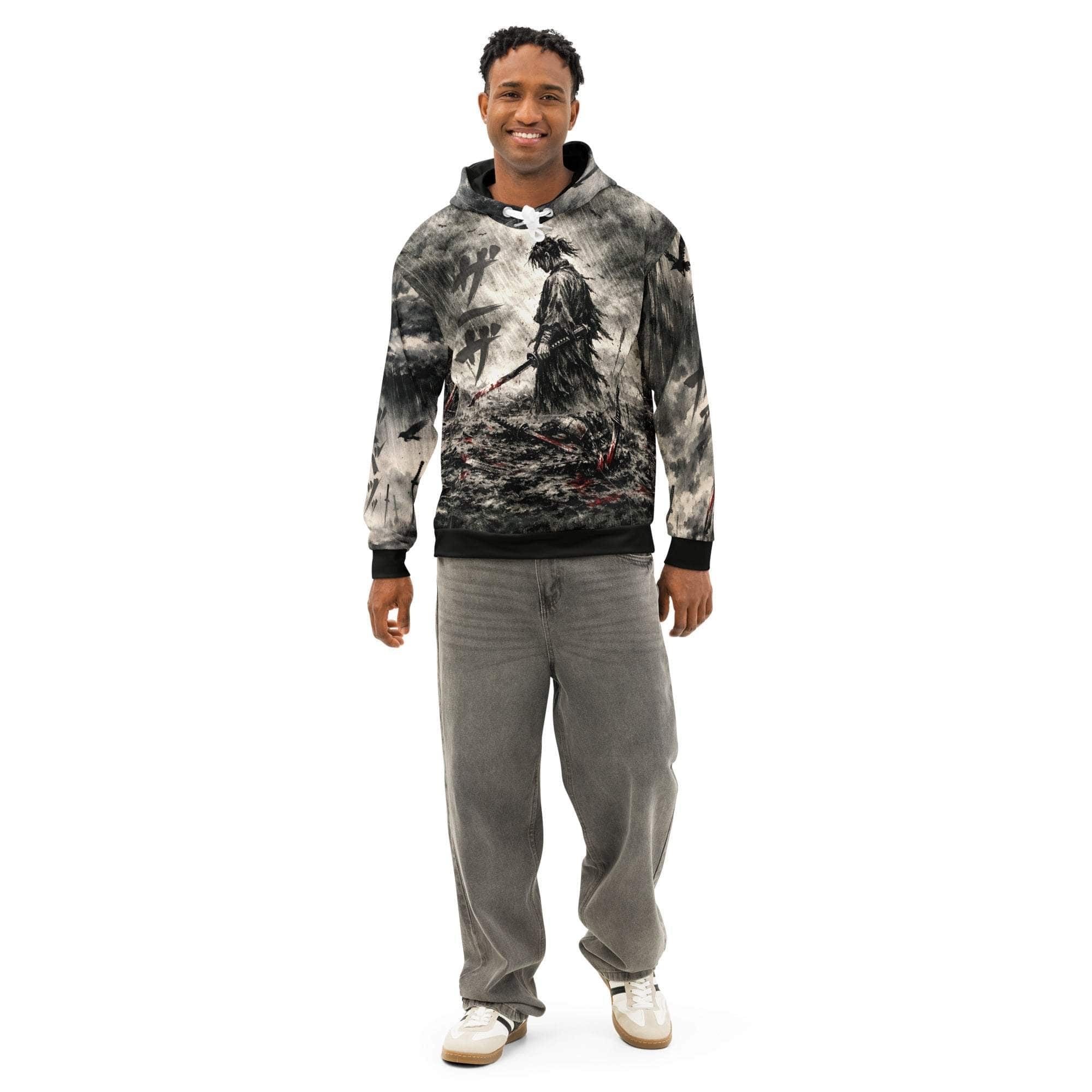 Dark Seinen Samurai Hoodie with ink wash anime swordsman design and red accents