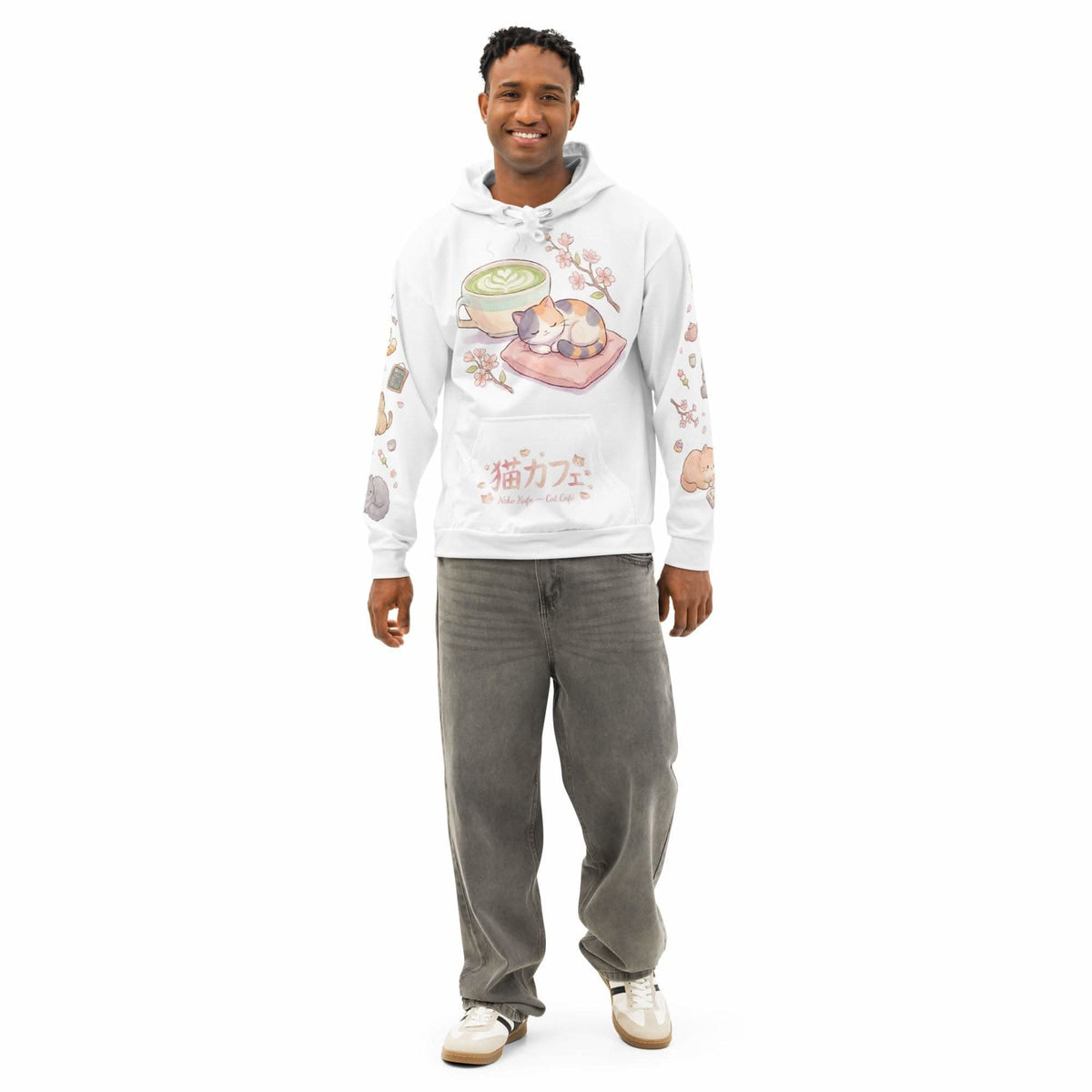 Unisex Anime Cat AOP Hoodie with all-over kawaii cat café print in pastel colors on soft cotton fabric