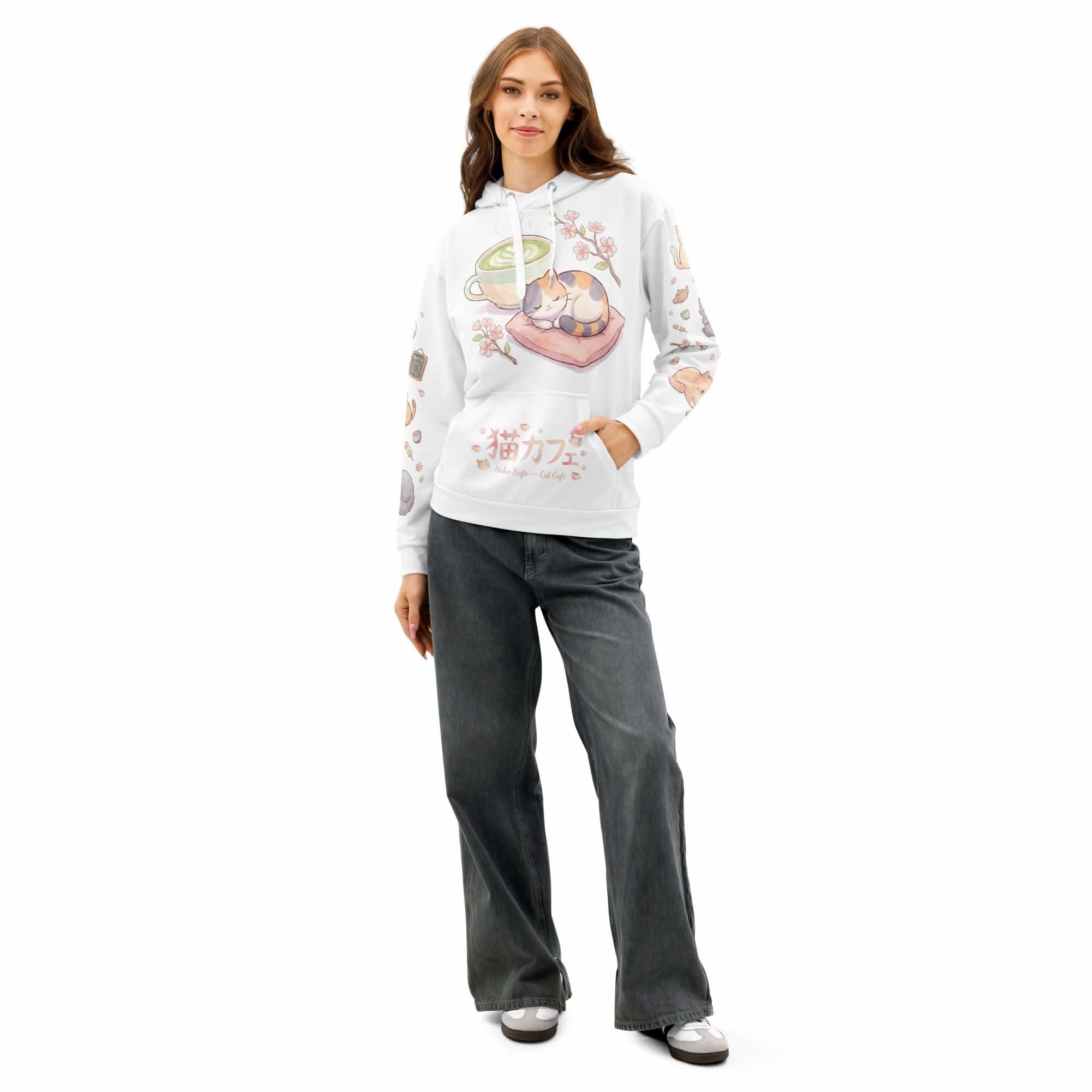 Unisex Anime Cat AOP Hoodie with all-over kawaii cat café print on pastel background, made of soft cotton blend