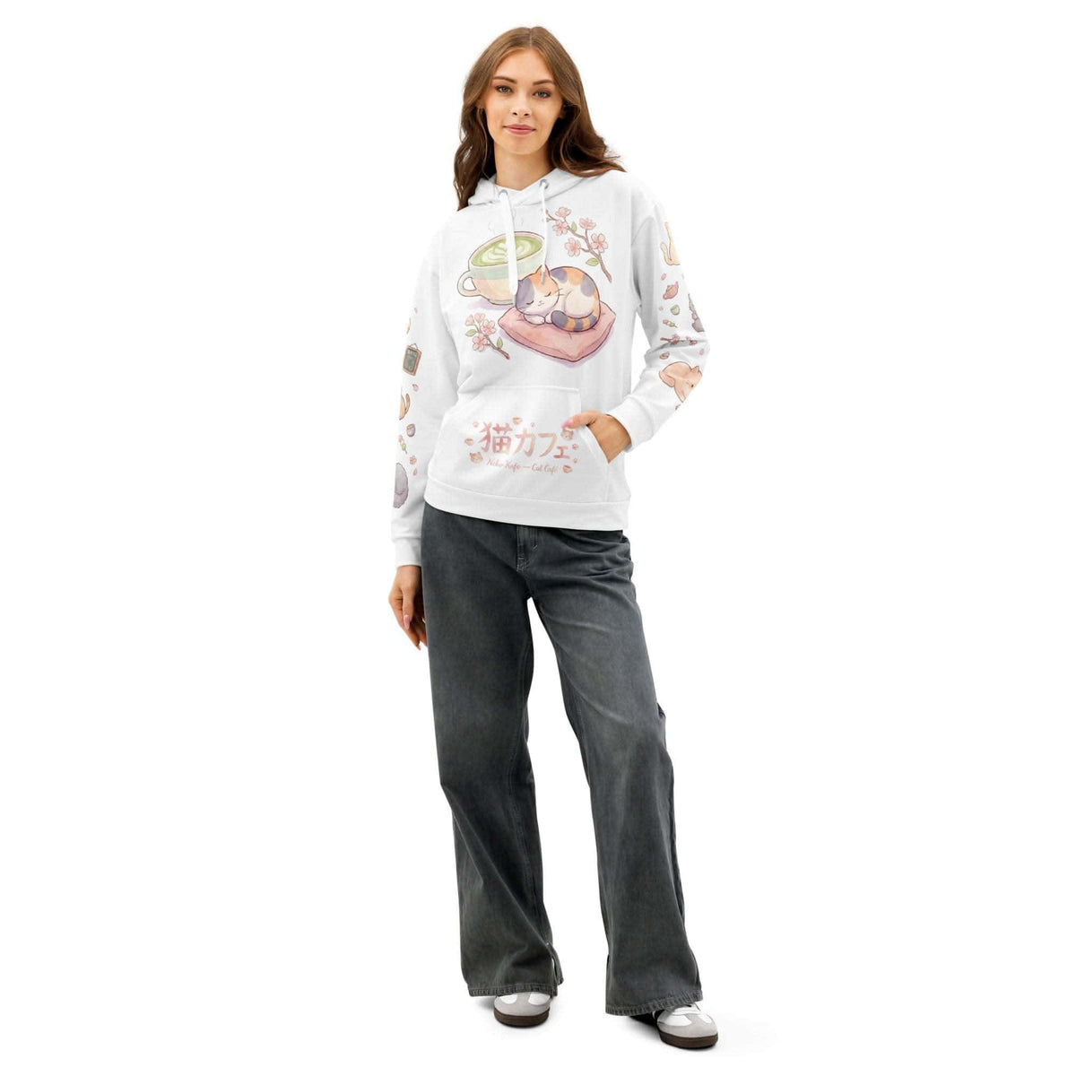 Unisex Anime Cat AOP Hoodie with all-over kawaii cat café print on pastel background, made of soft cotton blend