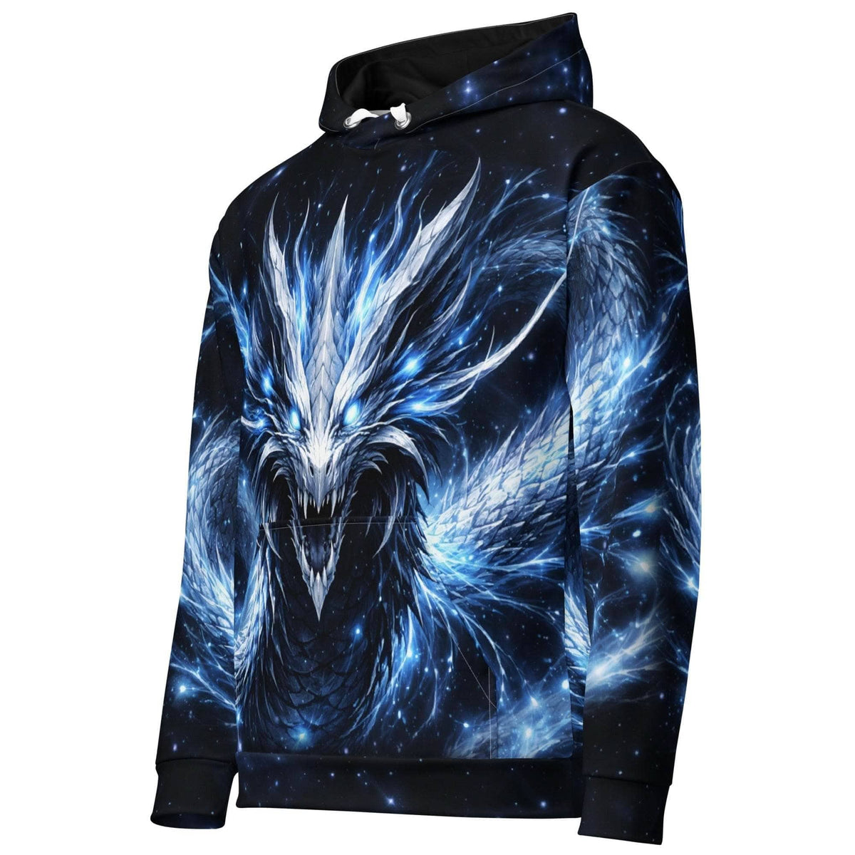All-over print fantasy dragon hoodie with glowing blue dragon design for men and women