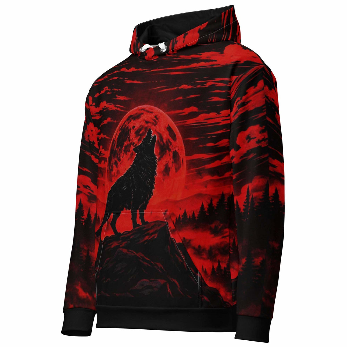 Unisex cotton hoodie with all-over wolf print, soft and breathable pullover for casual wear
