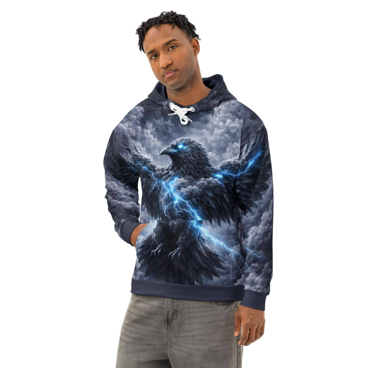 Hoodie with an all-over raven and blue lightning print, left front view