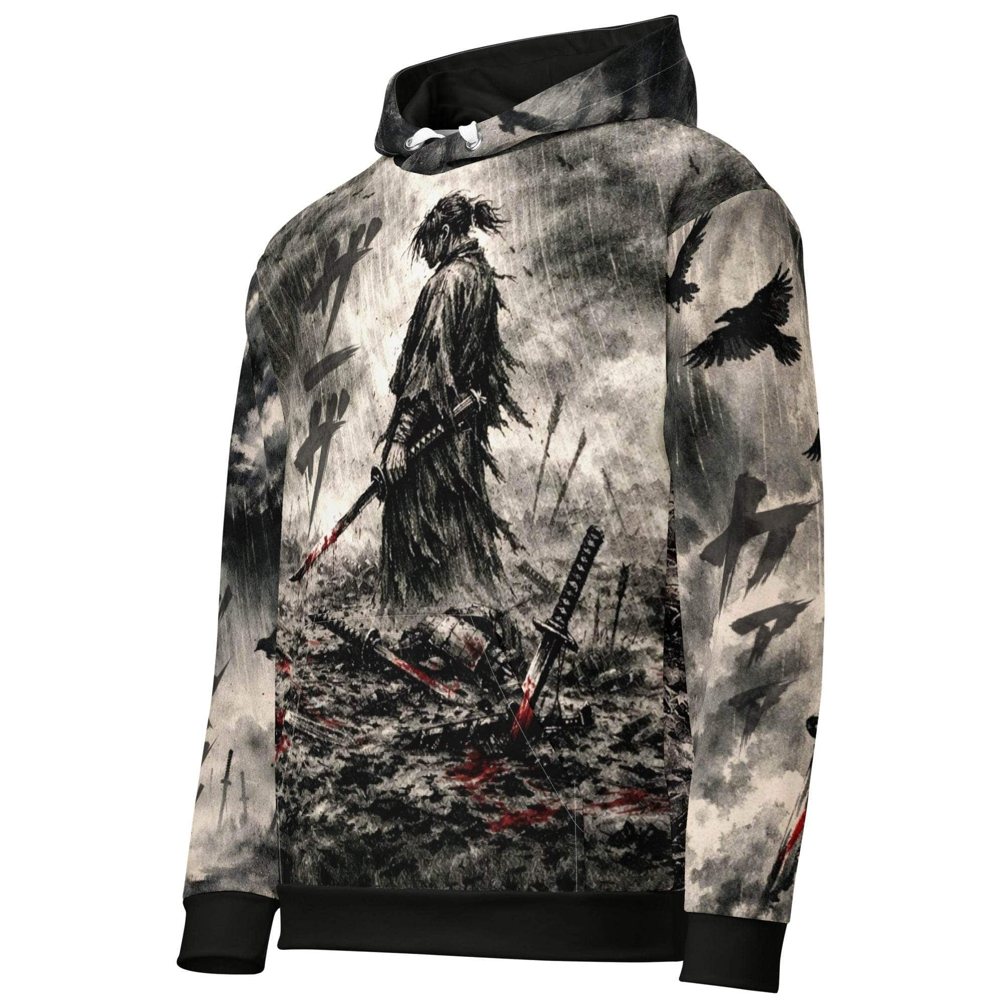 Dark seinen samurai hoodie with ink wash anime swordsman design and subtle blood-red accents