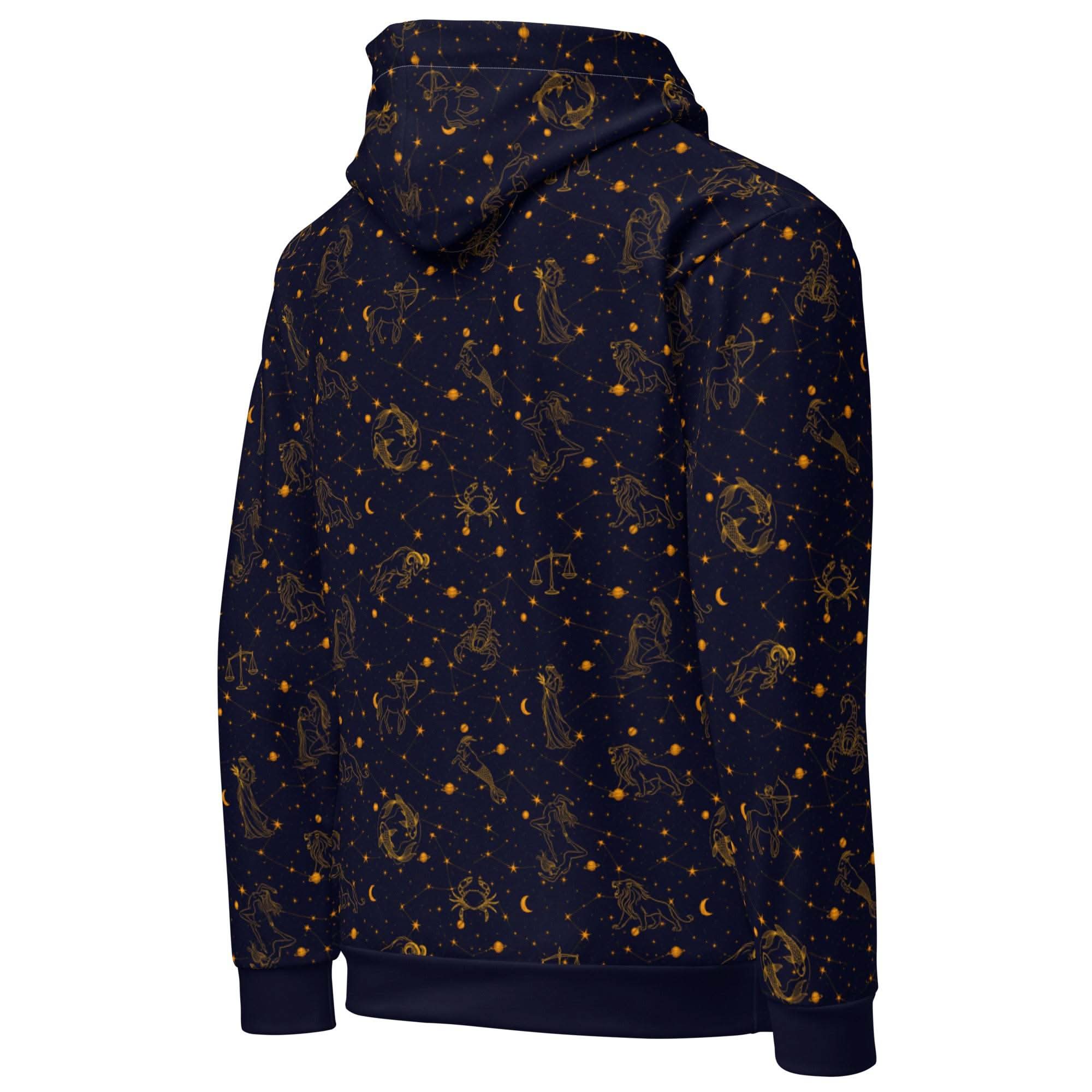 Blue Zodiac Constellation hoodie with deep blue celestial zodiac print on unisex cotton pullover