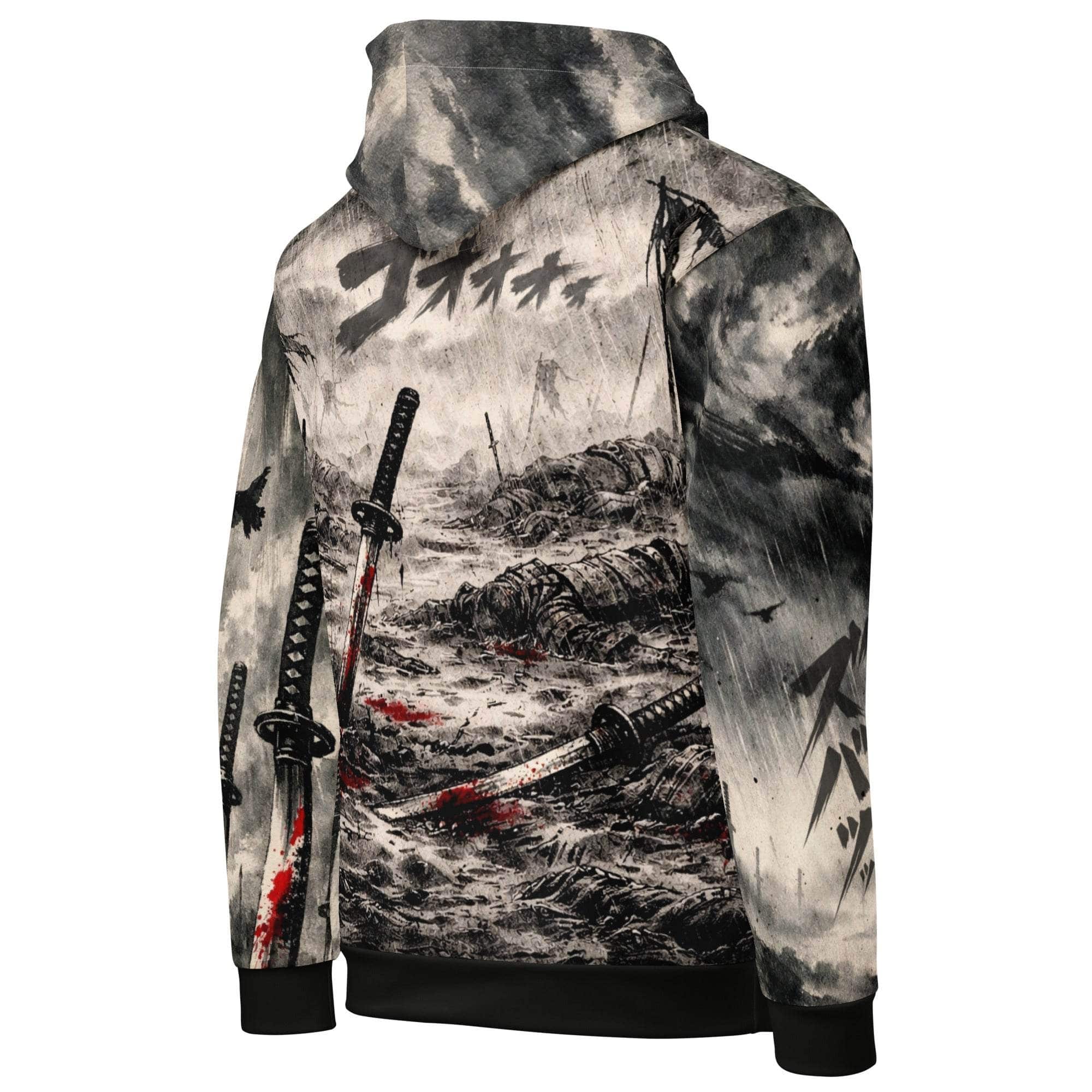 Dark seinen samurai hoodie featuring ink wash anime swordsman artwork with blood-red accents and streetwear style