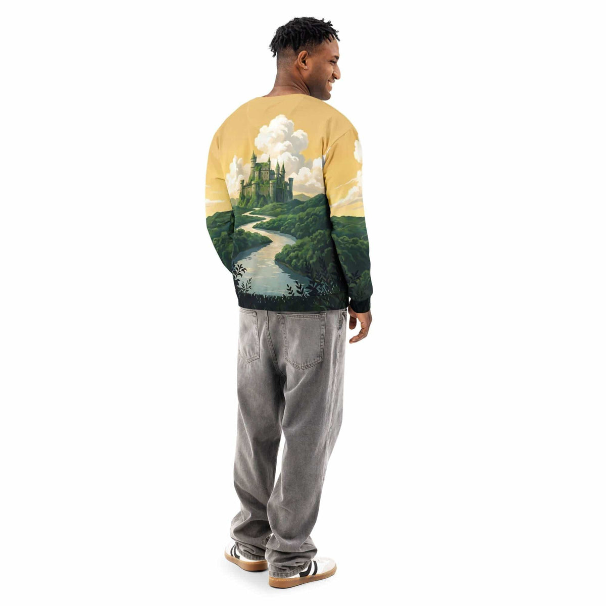 Crewneck sweatshirt with an all-over castle and river landscape print, back view