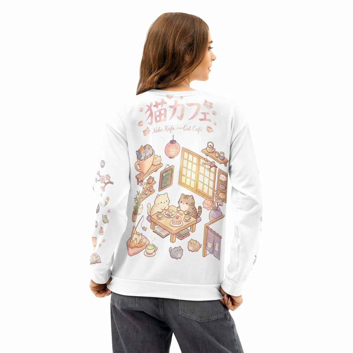Crewneck sweatshirt with an all-over anime cat cafe print, back view