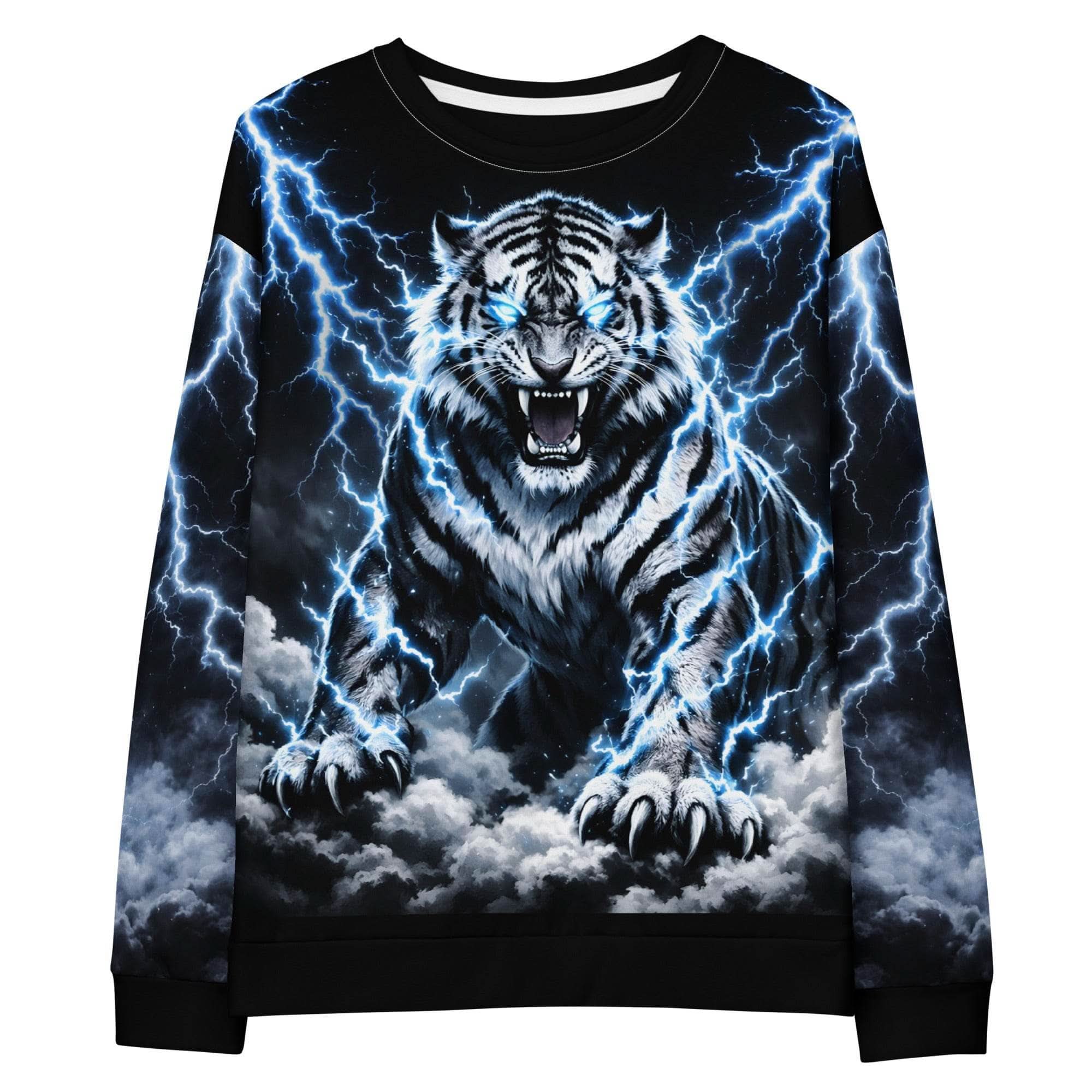Electric Tiger Lightning sweatshirt with bold tiger and lightning design, gothic streetwear pullover in relaxed fit cotton blend