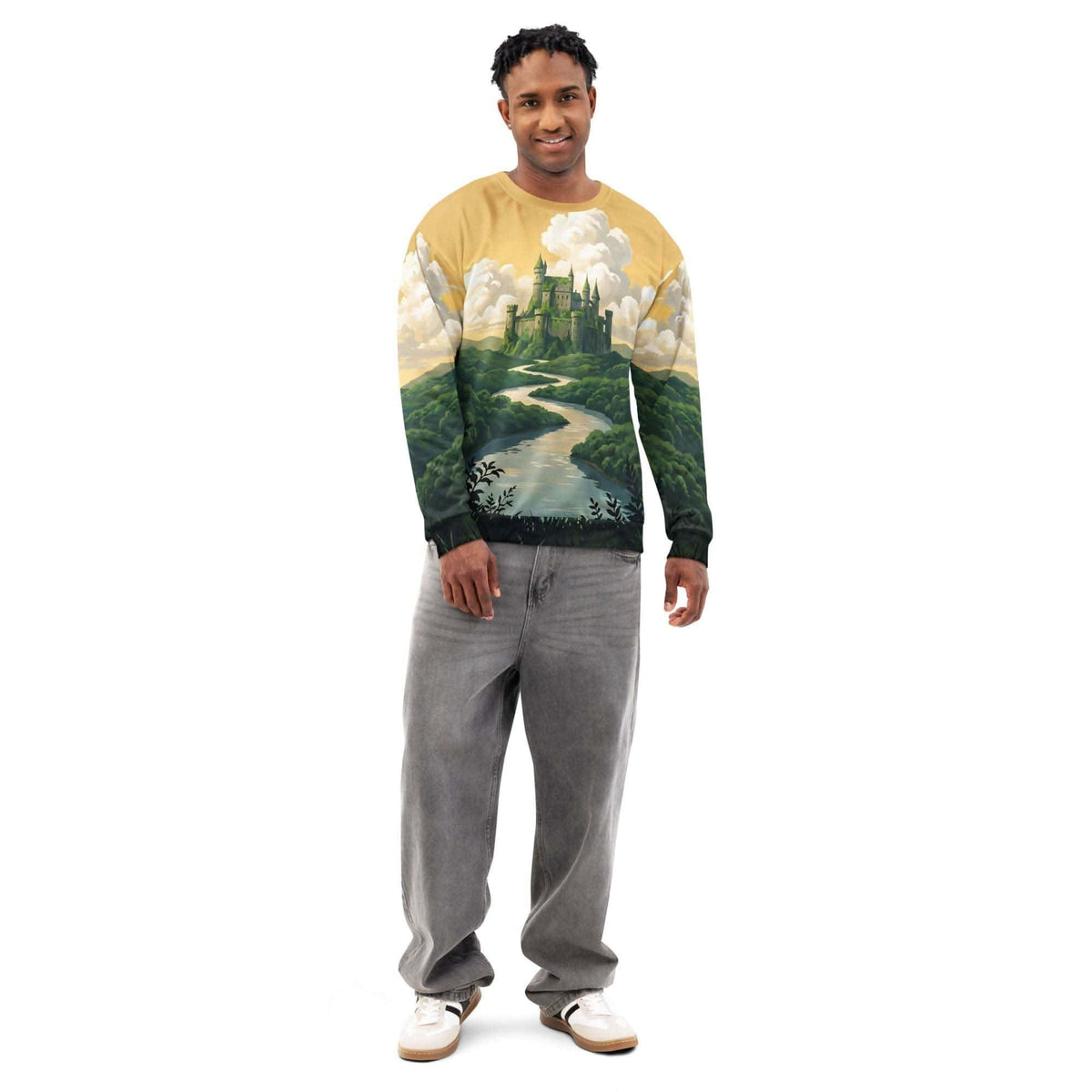 Crewneck sweatshirt with an all-over castle and river landscape print, front view