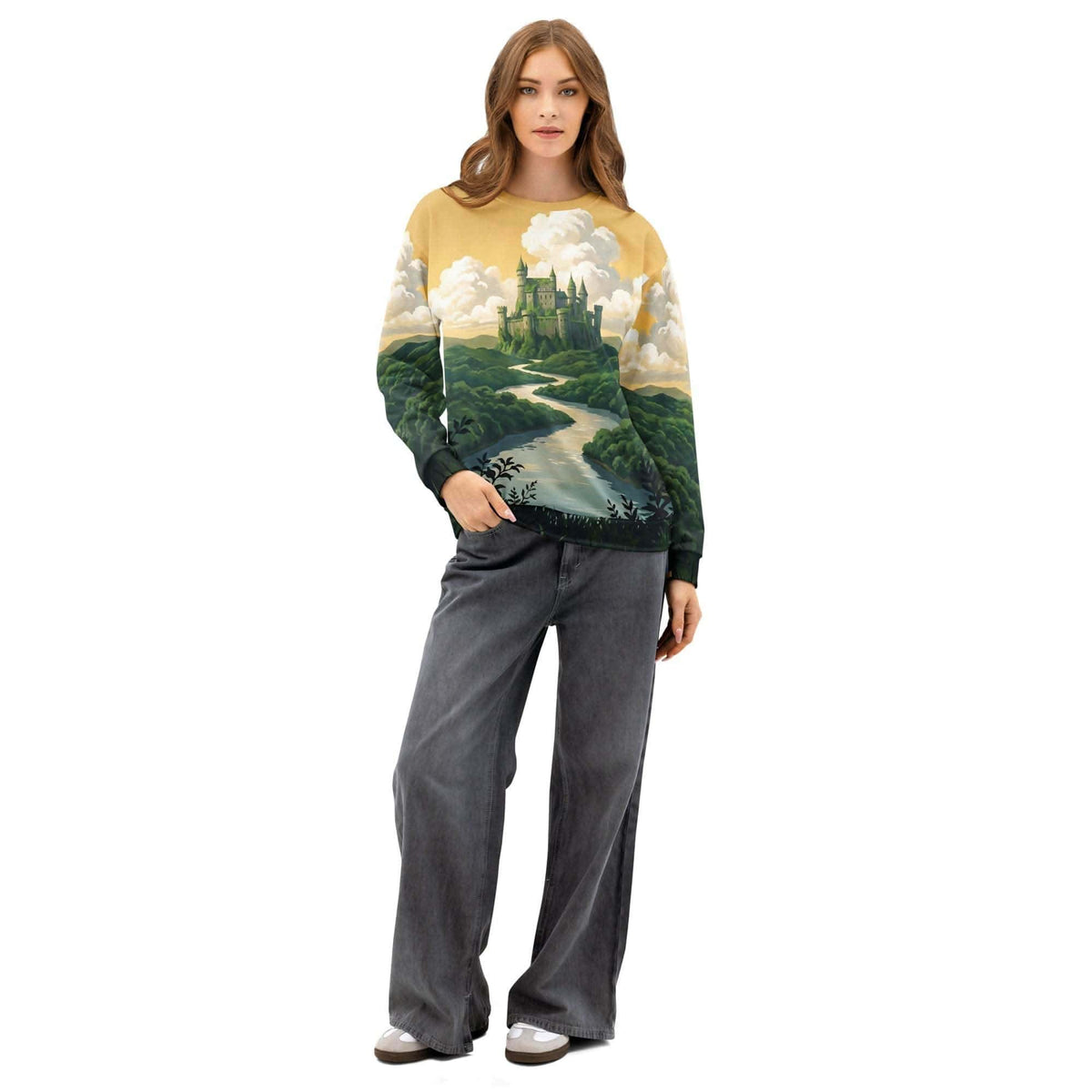 Crewneck sweatshirt with an all-over castle and river landscape print, front view